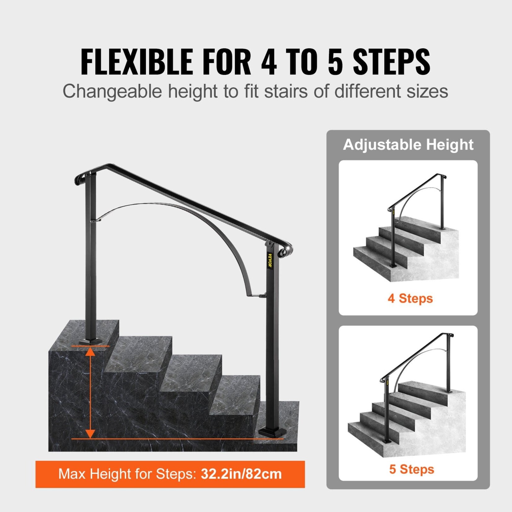 VEVOR VEVOR Handrails for Outdoor Steps, Fit 4 or 5 Steps Outdoor Stair Railing, Arch#4 Wrought Iron Handrail, Flexible Porch Railing, Black Transitional Handrails for Concrete Steps or Wooden Stairs