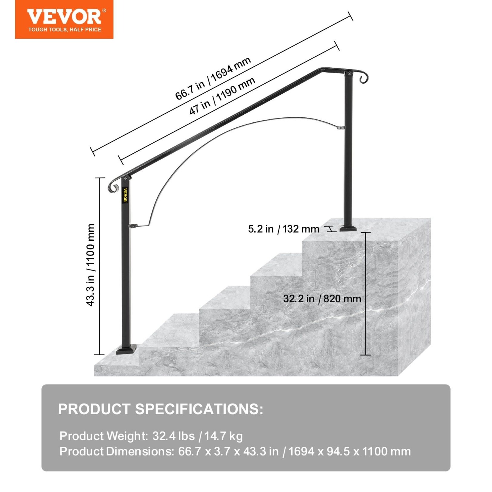 VEVOR VEVOR Handrails for Outdoor Steps, Fit 4 or 5 Steps Outdoor Stair Railing, Arch#4 Wrought Iron Handrail, Flexible Porch Railing, Black Transitional Handrails for Concrete Steps or Wooden Stairs