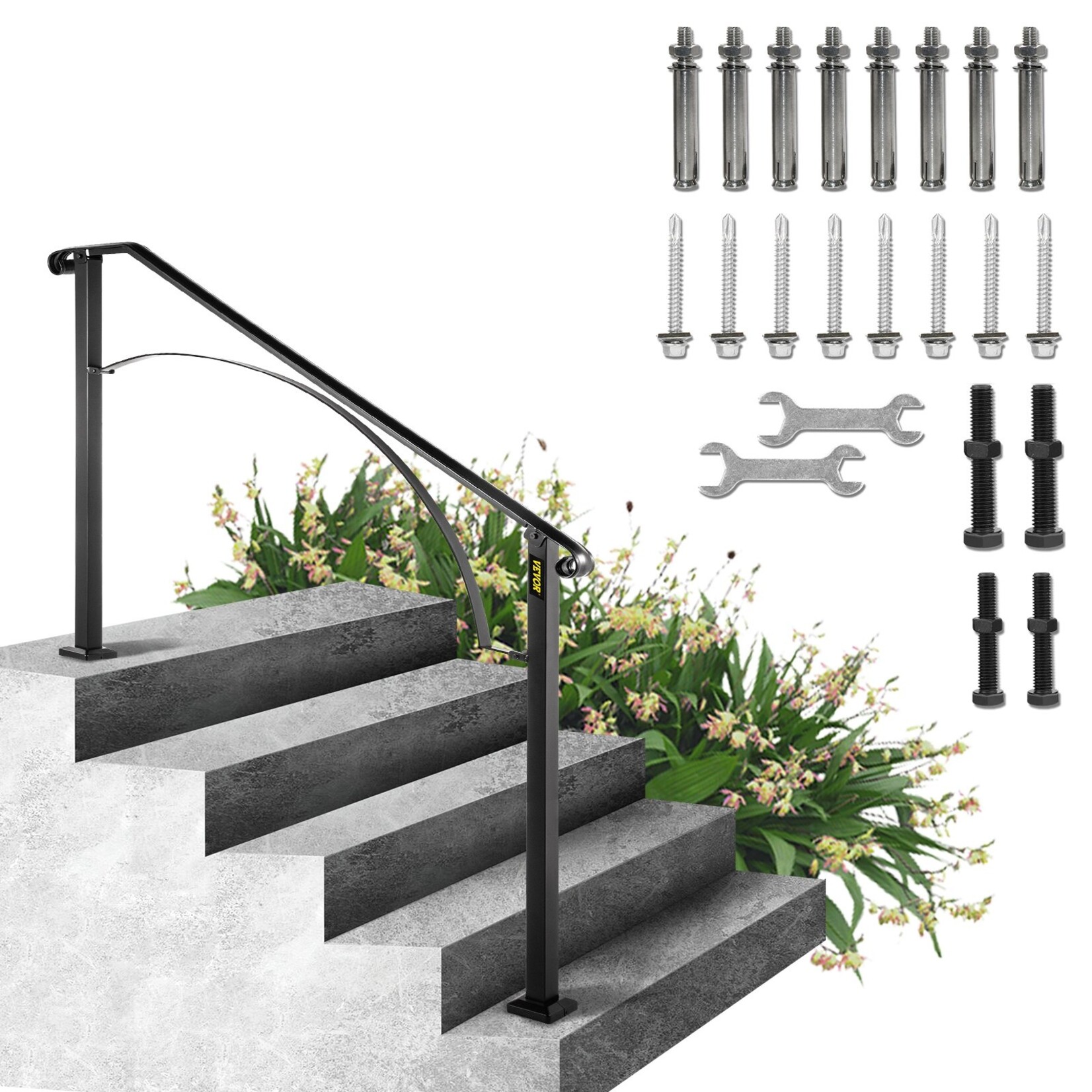VEVOR VEVOR Handrails for Outdoor Steps, Fit 4 or 5 Steps Outdoor Stair Railing, Arch#4 Wrought Iron Handrail, Flexible Porch Railing, Black Transitional Handrails for Concrete Steps or Wooden Stairs