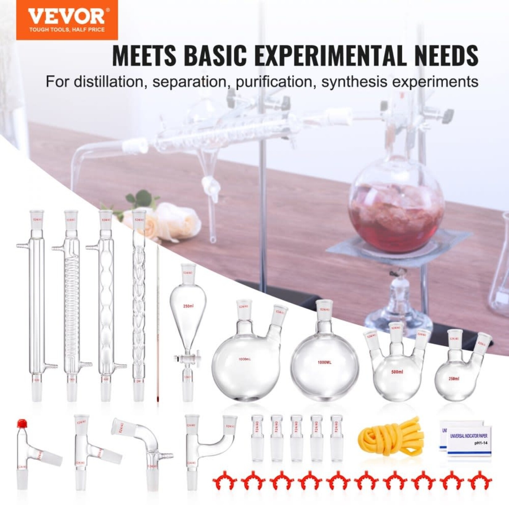 VEVOR VEVOR Lab Distillation Kit, 3.3 Boro Lab Glassware Distillation Kit with 24, 40 Joint, 1000ml Essential Oil Distillation Apparatus Kit, 32 pcs Set of Glassware Equipment