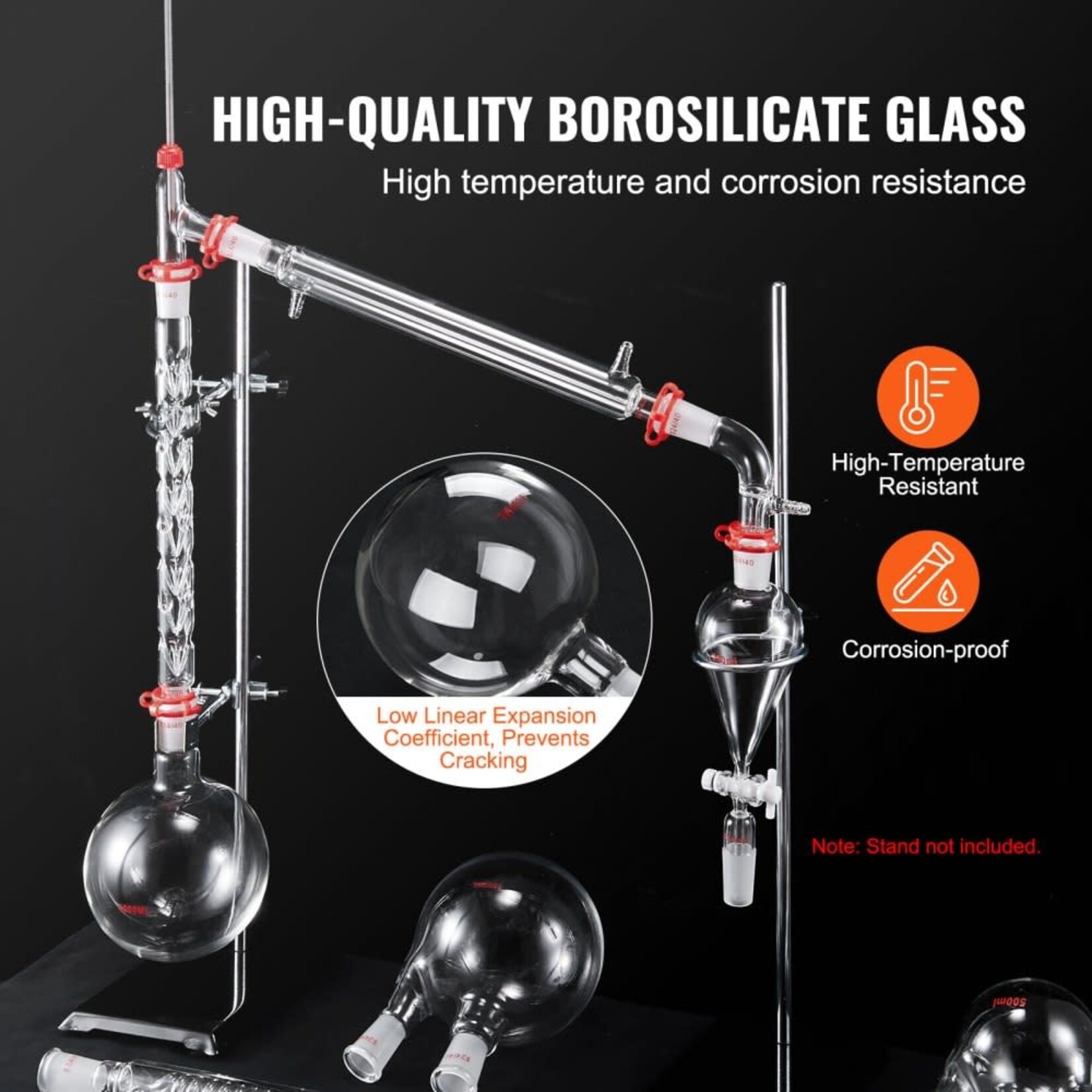 VEVOR VEVOR Lab Distillation Kit, 3.3 Boro Lab Glassware Distillation Kit with 24, 40 Joint, 1000ml Essential Oil Distillation Apparatus Kit, 32 pcs Set of Glassware Equipment