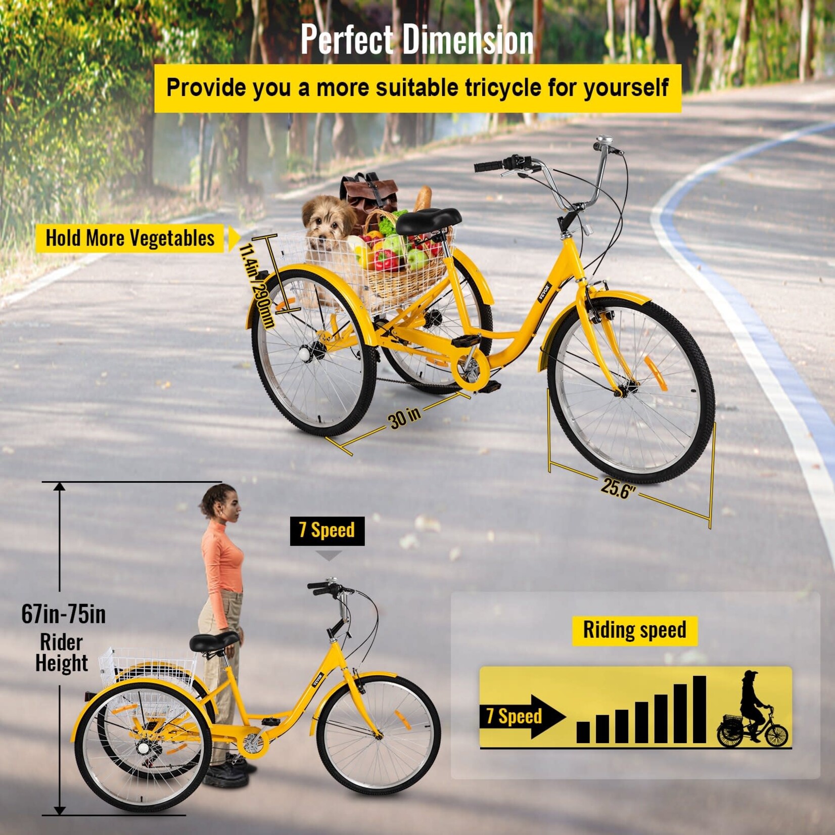 VEVOR VEVOR Adult Tricycle 26" 7-Speed 3-Wheel Trike Bicycle Bike Cruise w/ Basket Shooping