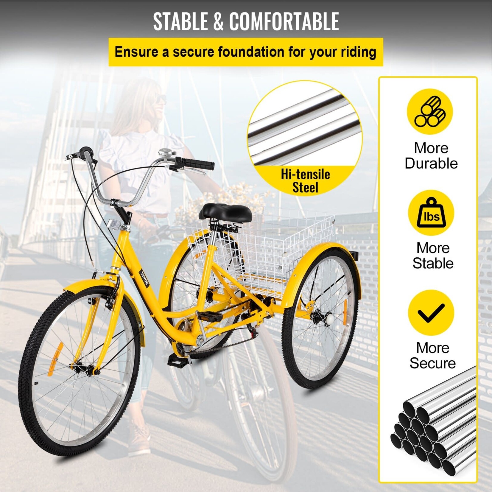 VEVOR VEVOR Adult Tricycle 26" 7-Speed 3-Wheel Trike Bicycle Bike Cruise w/ Basket Shooping