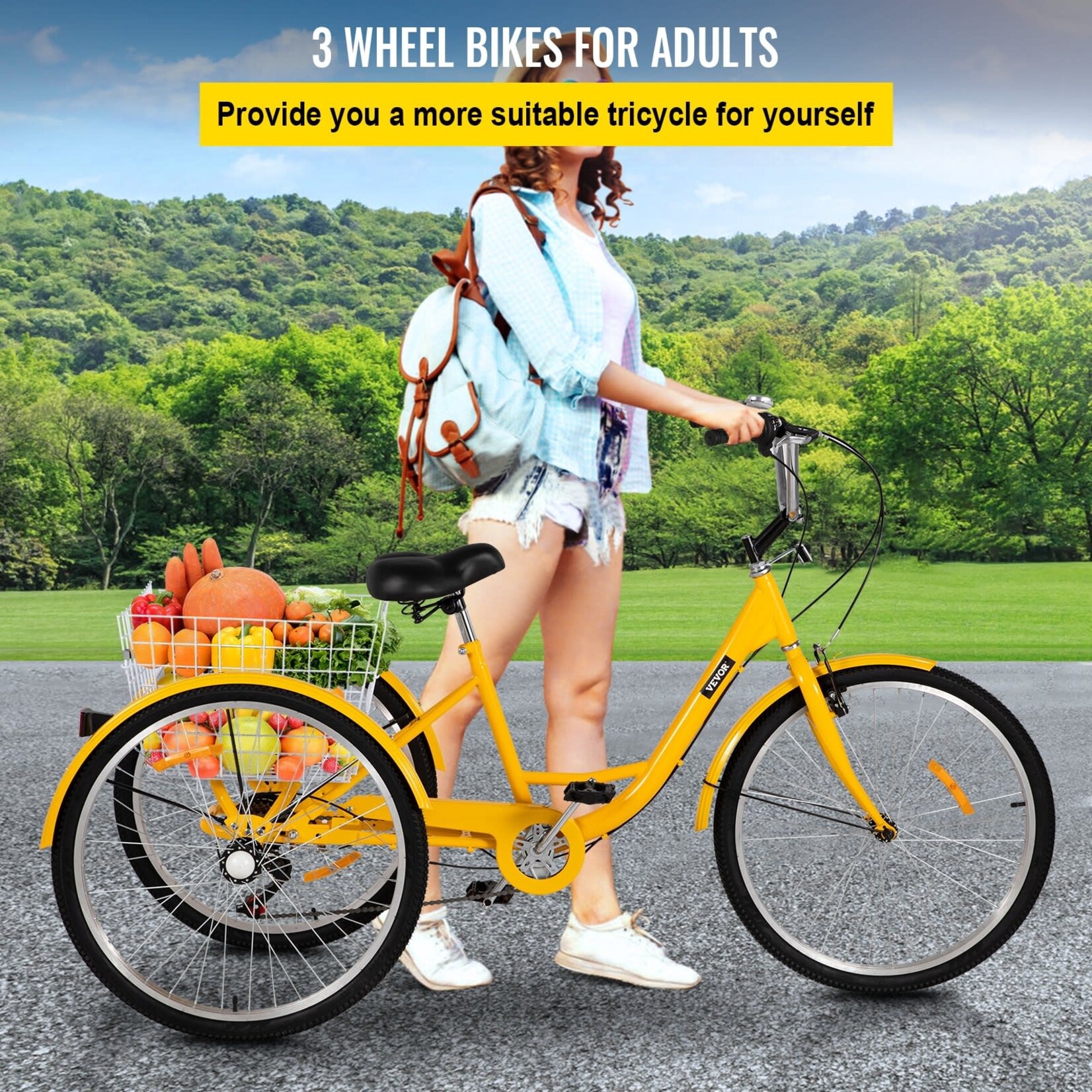 VEVOR VEVOR Adult Tricycle 26" 7-Speed 3-Wheel Trike Bicycle Bike Cruise w/ Basket Shooping