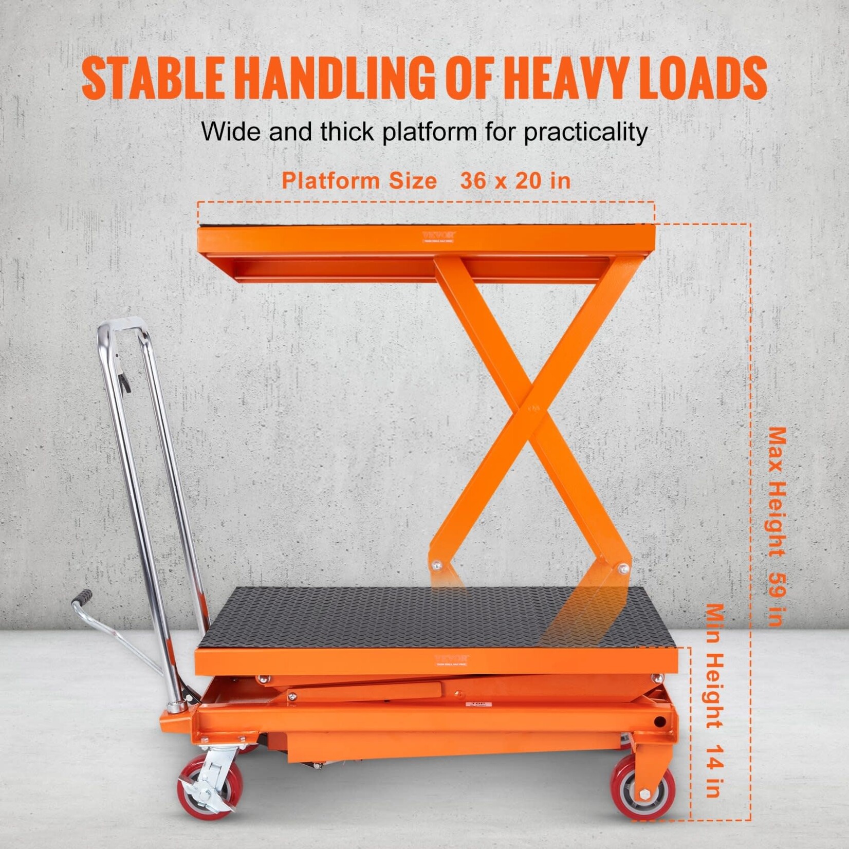 VEVOR VEVOR Hydraulic Lift Table Cart, 770lbs Capacity 59" Lifting Height, Manual Double Scissor Lift Table with 4 Wheels and Non-slip Pad, Hydraulic Scissor Cart for Material Handling and Transportation