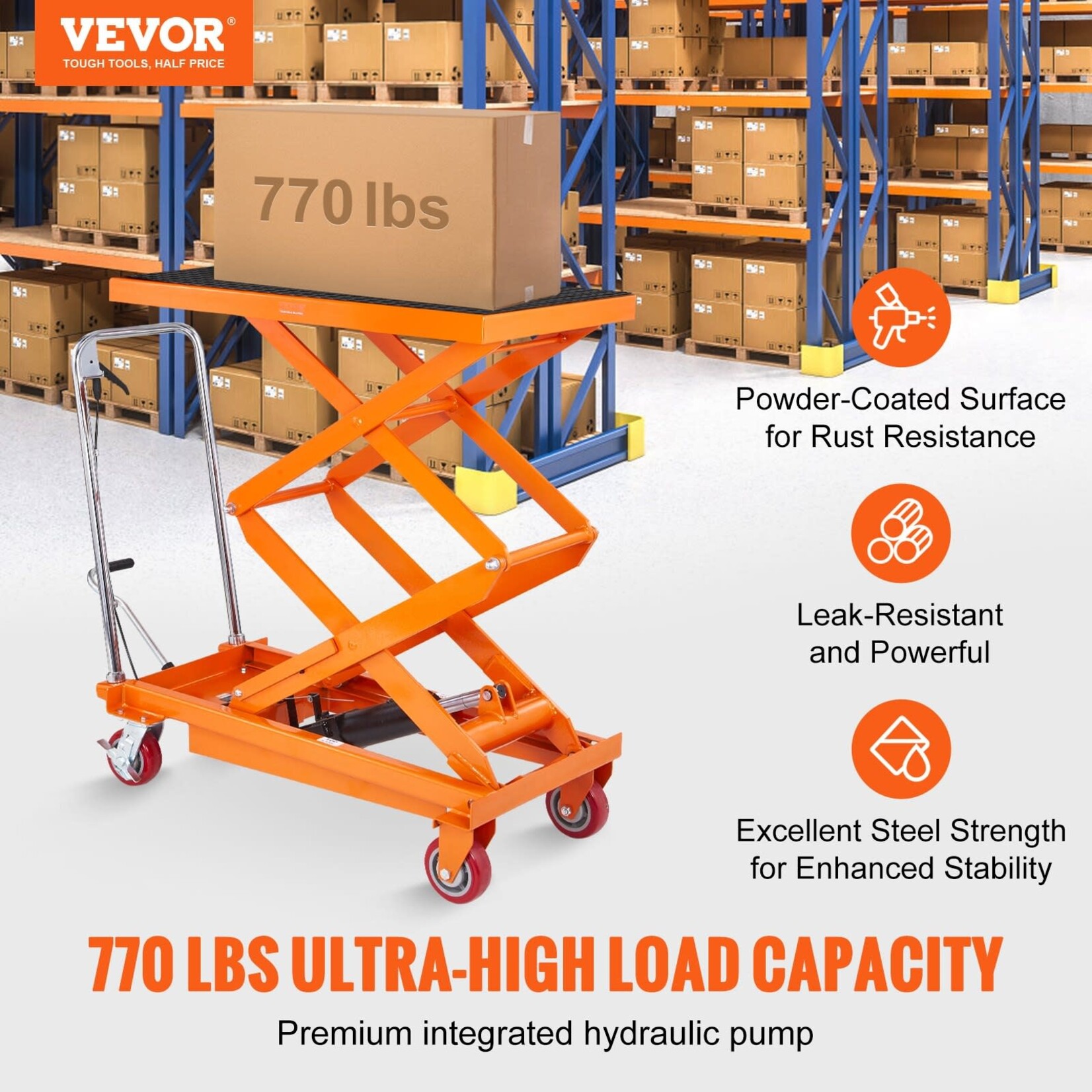 VEVOR VEVOR Hydraulic Lift Table Cart, 770lbs Capacity 59" Lifting Height, Manual Double Scissor Lift Table with 4 Wheels and Non-slip Pad, Hydraulic Scissor Cart for Material Handling and Transportation