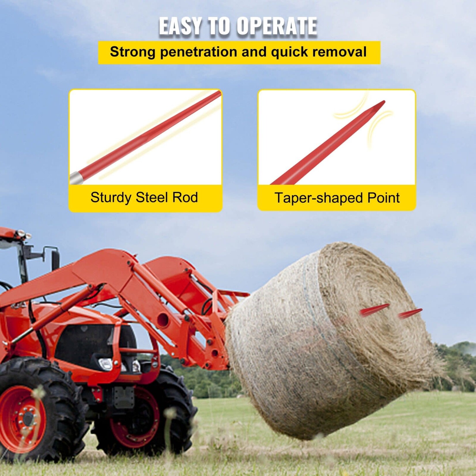 VEVOR VEVOR Hay Spear 49" Bale Spear 4500 lbs Capacity, Bale Spike Quick Attach Square Hay Bale Spears 1 3/4" wide, Red Coated Bale Forks, Bale Hay Spike with Hex Nut & Sleeve for Buckets Tractors Loaders