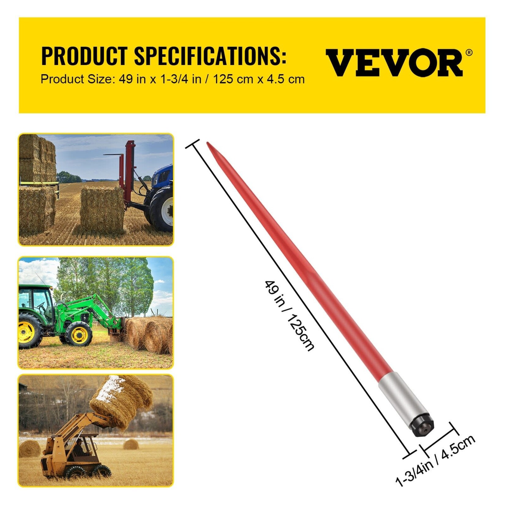 VEVOR VEVOR Hay Spear 49" Bale Spear 4500 lbs Capacity, Bale Spike Quick Attach Square Hay Bale Spears 1 3/4" wide, Red Coated Bale Forks, Bale Hay Spike with Hex Nut & Sleeve for Buckets Tractors Loaders