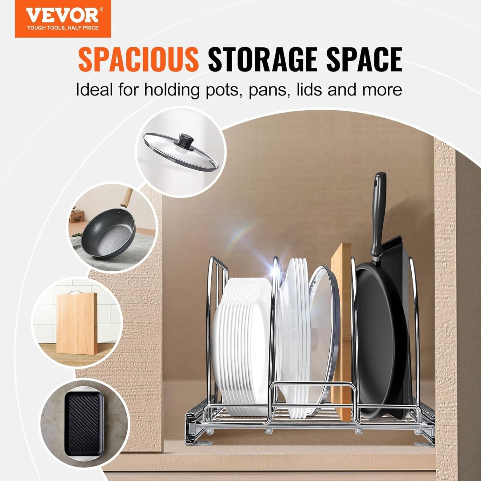VEVOR VEVOR Pan and Pot Rack, Expandable Pull Out Under Cabinet Organizer, Cookie Sheet Baking Pans tray Organization, Adjustable Wire Dividers, Steel Lid Holder for Kitchen Cabinet & Pantry Storage, 12.5"W