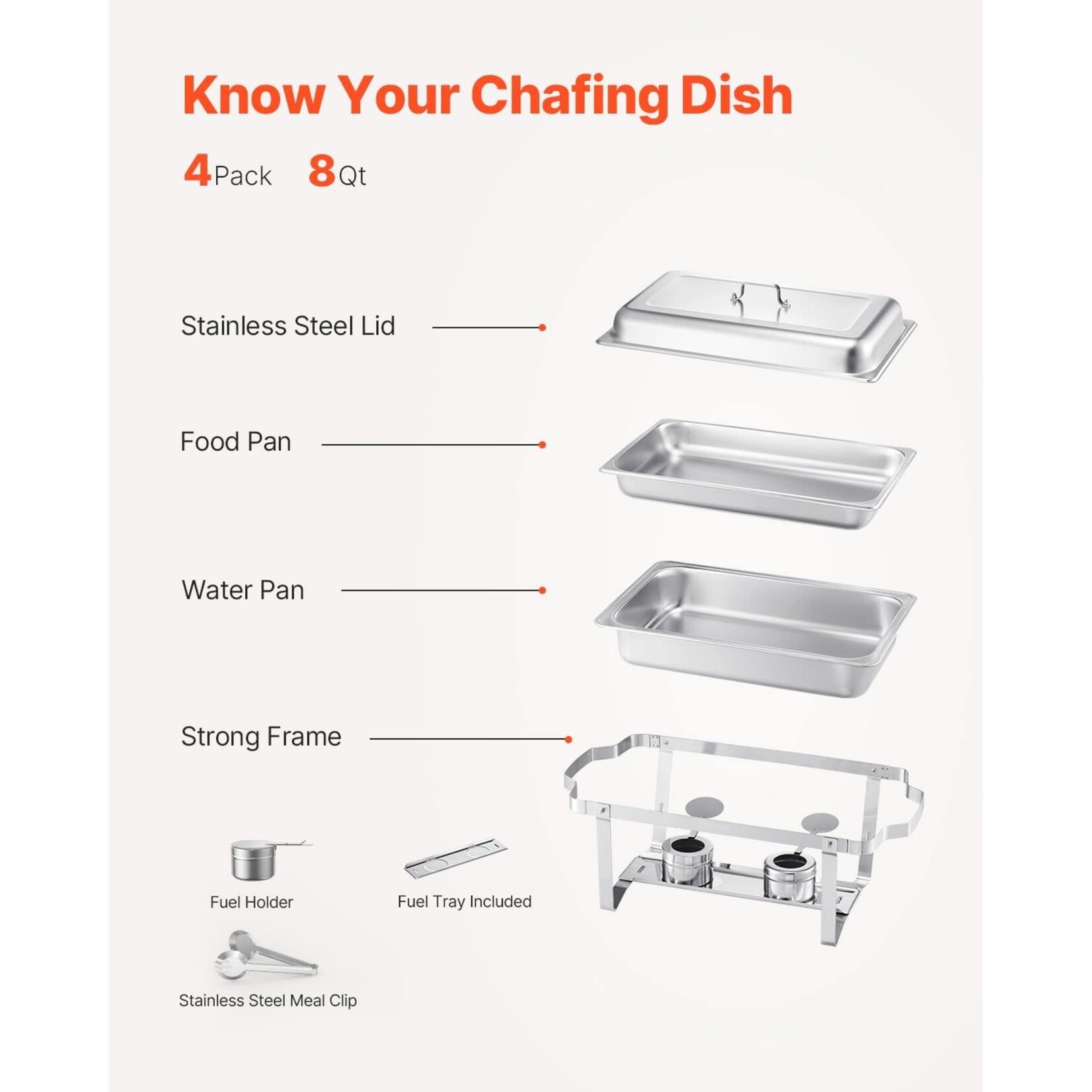VEVOR Chafing Dish Buffet Set, 8 Qt, Stainless Steel Chafer Rectangle Catering Warmer Server with Lid Water Pan Stand Fuel Holder, , Silver