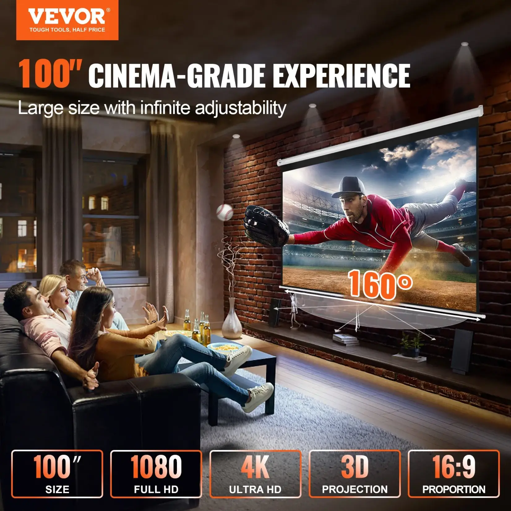 VEVOR Manual Pull Down Projector Screen, 100 inch 16:9 4K 1080 HD Retractable Projector Screen, Auto-Locking Portable Projection Screen, Portable Projector Movie Screen for Family Home Office Theater