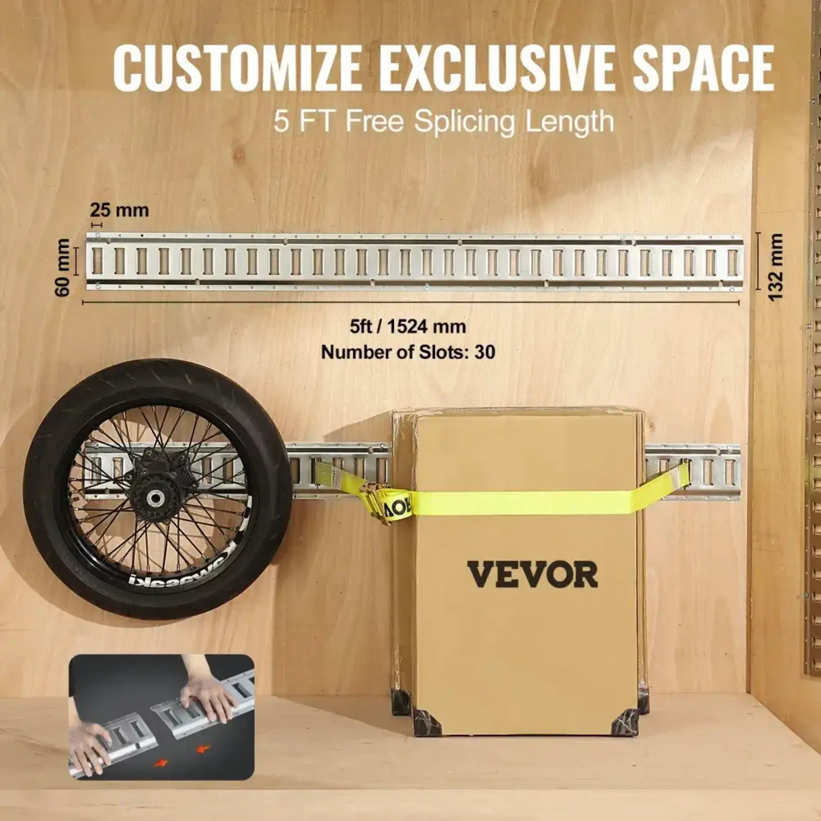 VEVOR E Track Tie-Down Rail Kit, 34PCS 5FT E-Tracks Set Includes 8 Steel Rails & 2 Single Slot & 8 O Rings & 8 Tie-Offs w/ D-Ring & 8 End Caps, Securing Accessories for Cargo, Motorcycles, and Bikes