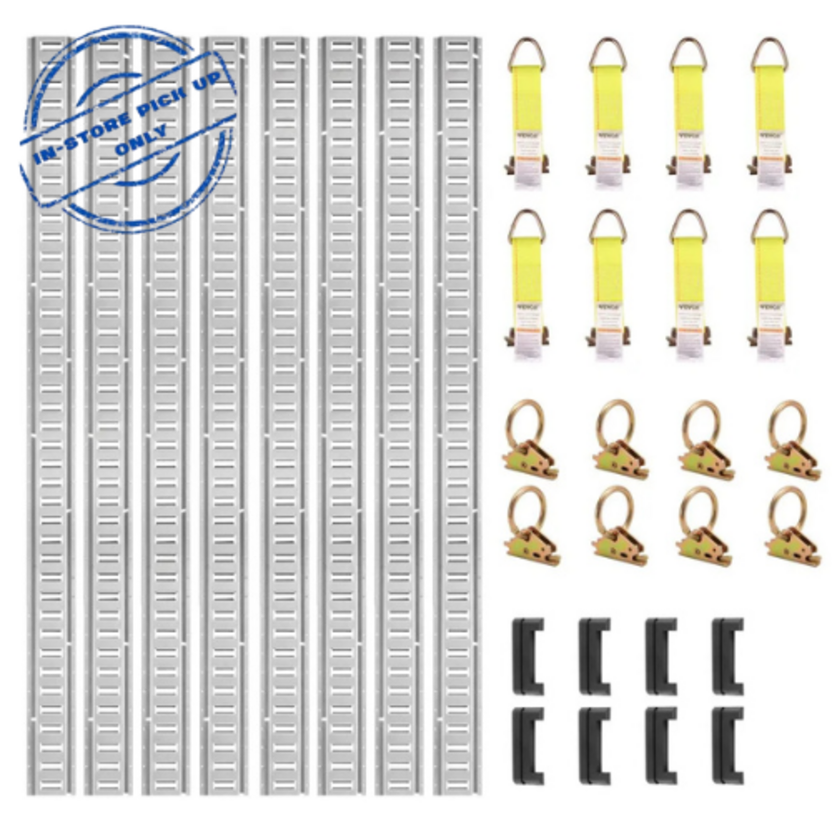 VEVOR E Track Tie-Down Rail Kit, 34PCS 5FT E-Tracks Set Includes 8 Steel Rails & 2 Single Slot & 8 O Rings & 8 Tie-Offs w/ D-Ring & 8 End Caps, Securing Accessories for Cargo, Motorcycles, and Bikes