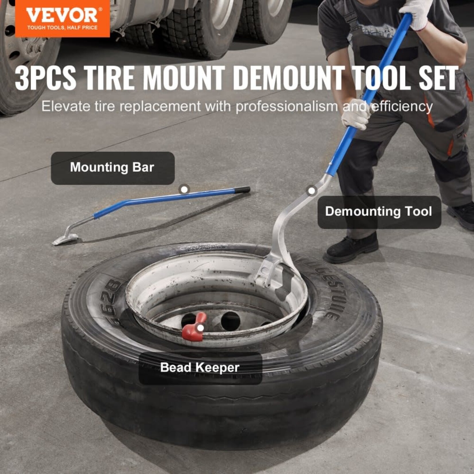 VEVOR Tire Mount Demount Tool, 22.5-24.5 inch Manual Steel Tire Changer Mount Demount Removal Tool, with Extra Bead Keeper, Tubeless Truck Bead Breaker, 3 PCS Tire Changing Tools,