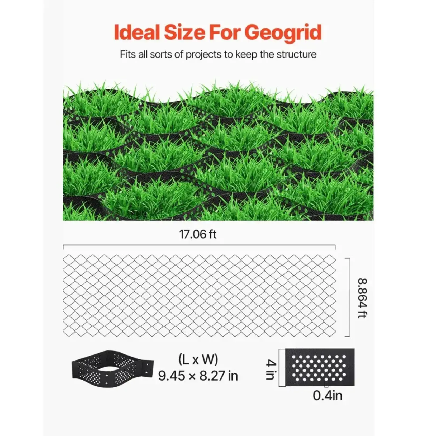 VEVOR Gravel Grid, 4 Inch Depth, 17.06 x 8.86 FT / 5200 x 2700 mm, 1880 LBS Per Sq ft Grass Ground Retainer, Permeable Geo Grids Driveway Stabilization, for Garden, Patio, Walkway, RV Parking Slopes