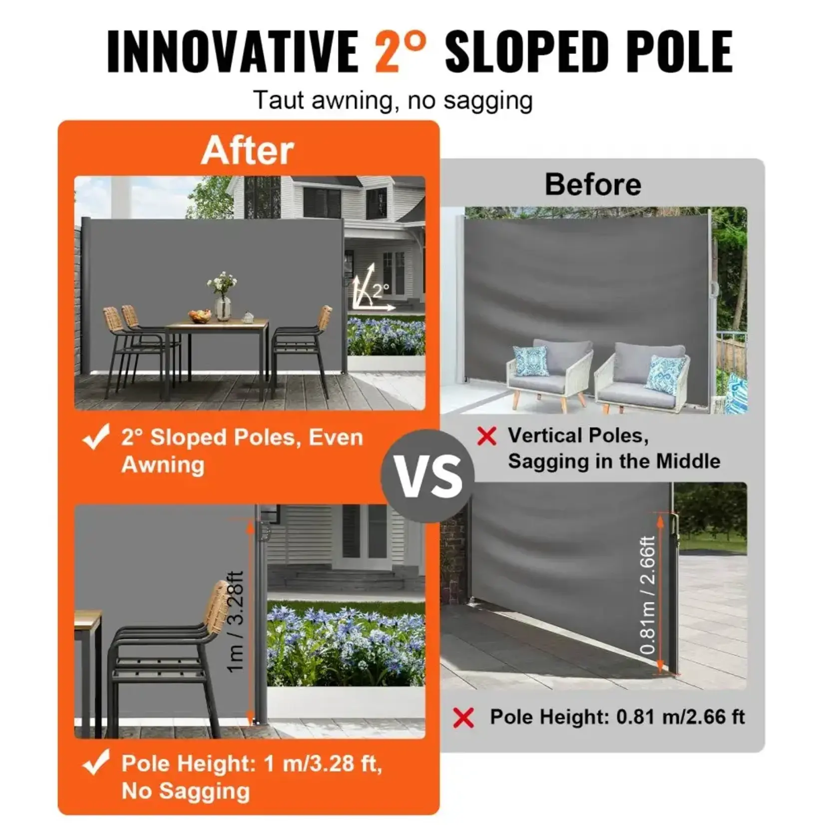 VEVOR Retractable Side Awning, 71''x 118'' Aluminum Outdoor Privacy Screen, 280g Polyester Water-proof Retractable Patio Screen, UV 30+ Room Divider Wind Screen for Patio, Backyard, Balcony, Gray