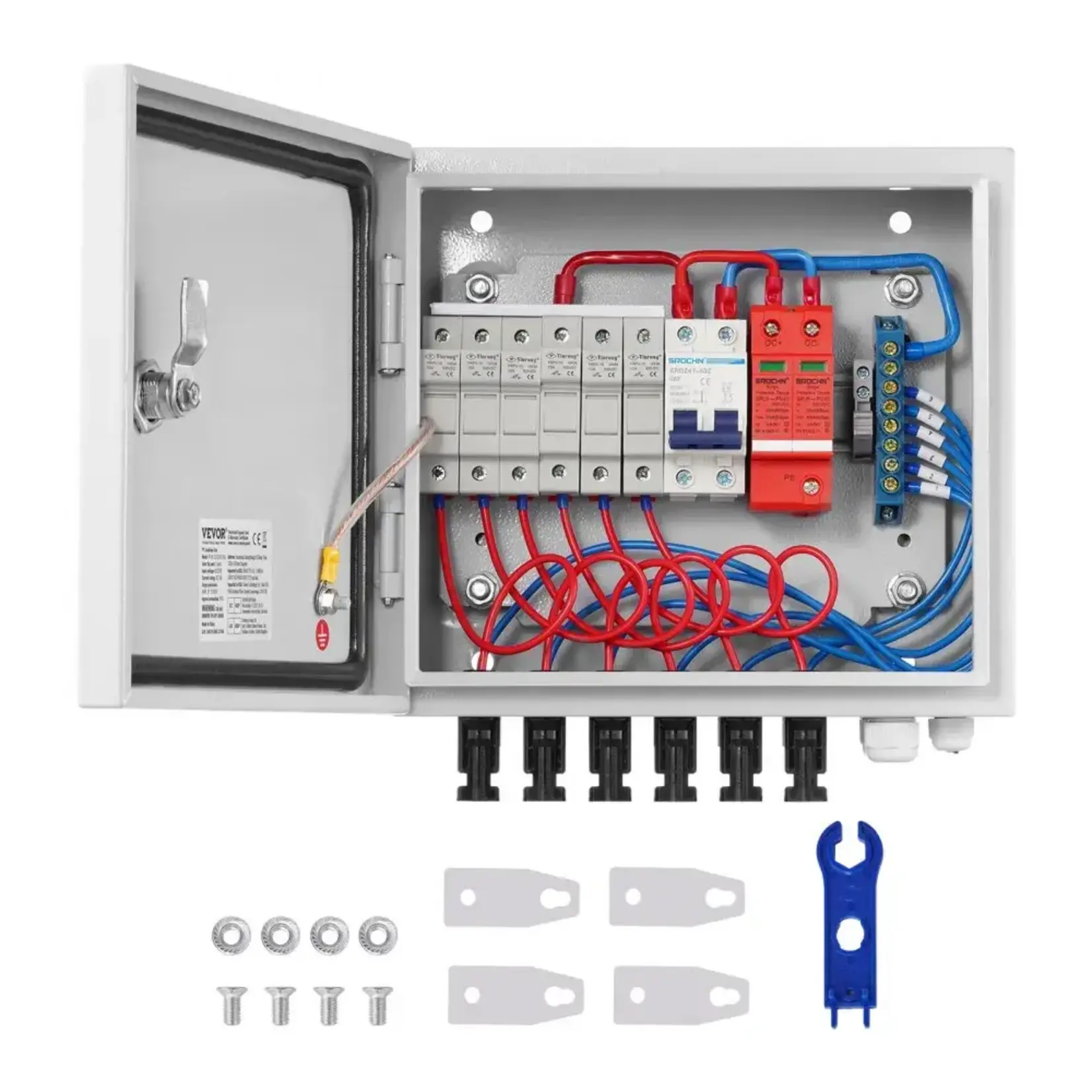 VEVOR PV Combiner Box, 4 String, Solar Combiner Box with 10A Rated Current Fuse 63A Circuit Breaker Lightning Arrester and Solar Connector, ABS Plastic Case for On / Off Grid Solar Panel System, IP65
