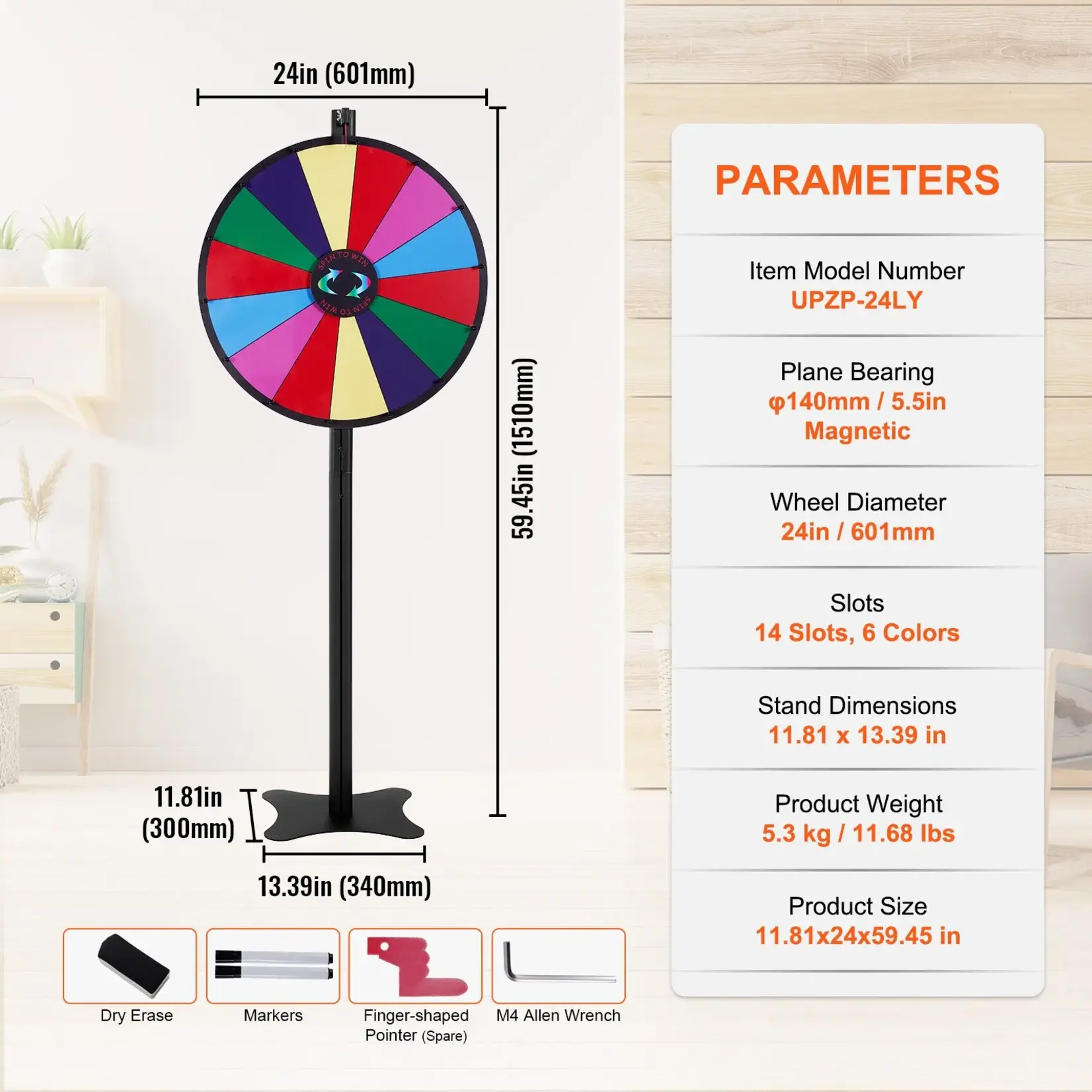 VEVOR 24 in Spinning Prize Wheel, 14 Slots Spinning Wheel with Stand, Adjustable Height