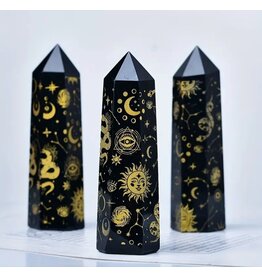 Black Obsidian Tower Sun Symbols - Gemstone BOTSS