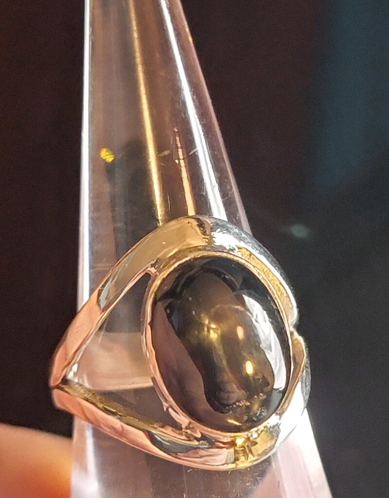 Ring Size 6.25 - Sterling Silver - Gold Black Obsidian