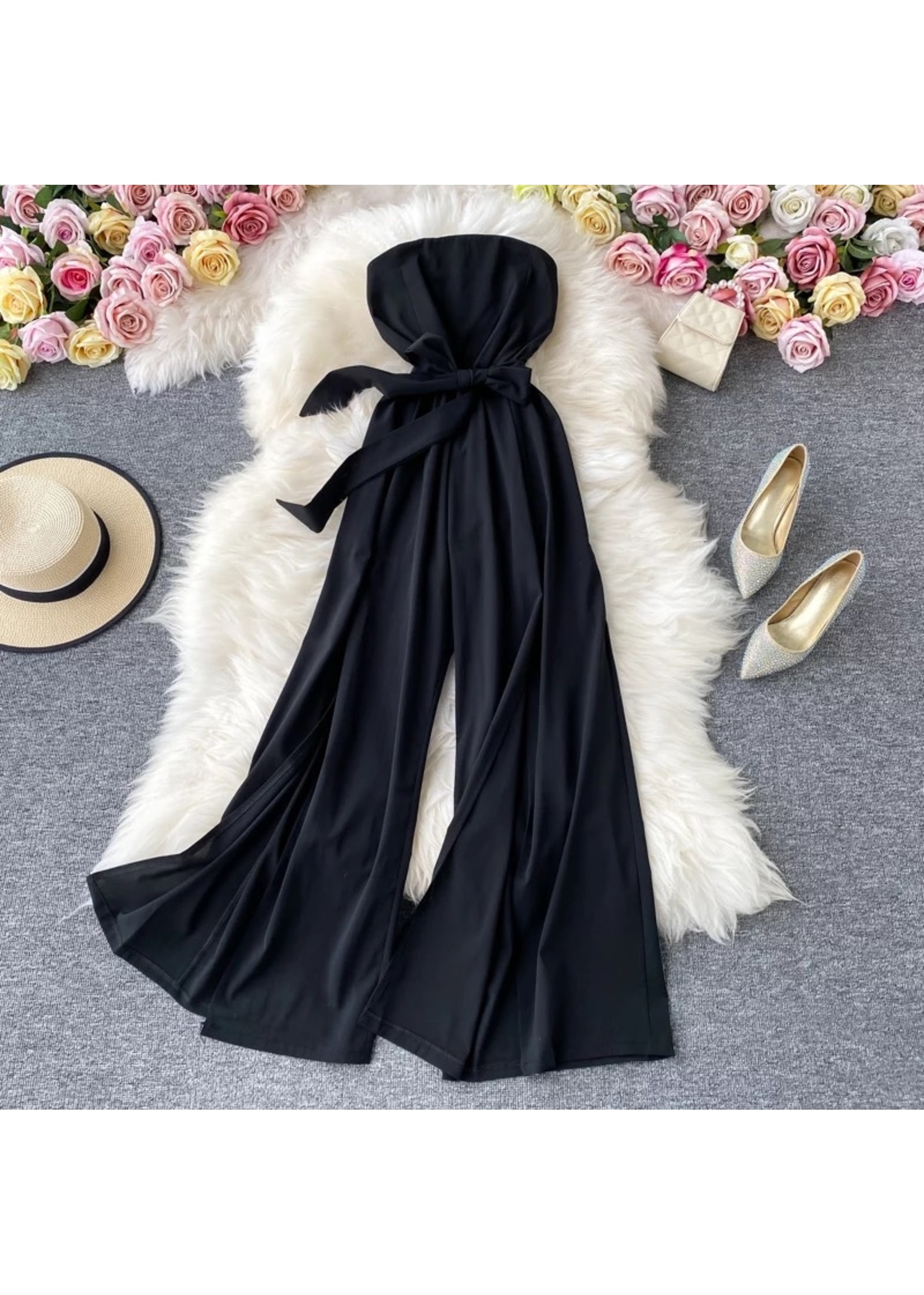strapless flare leg romper black