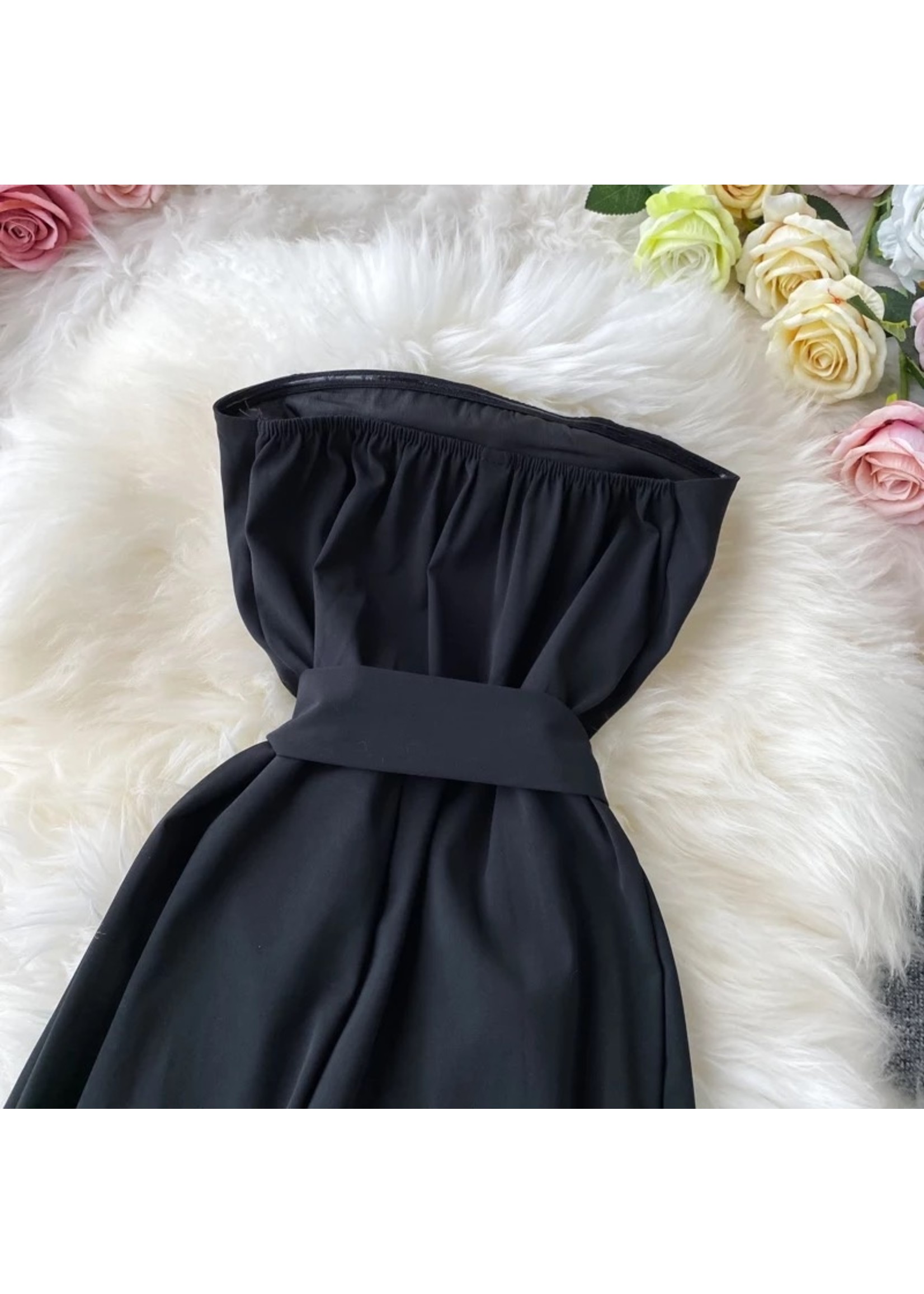 strapless flare leg romper black