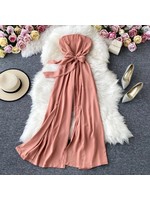 Strapless flare leg romper pink