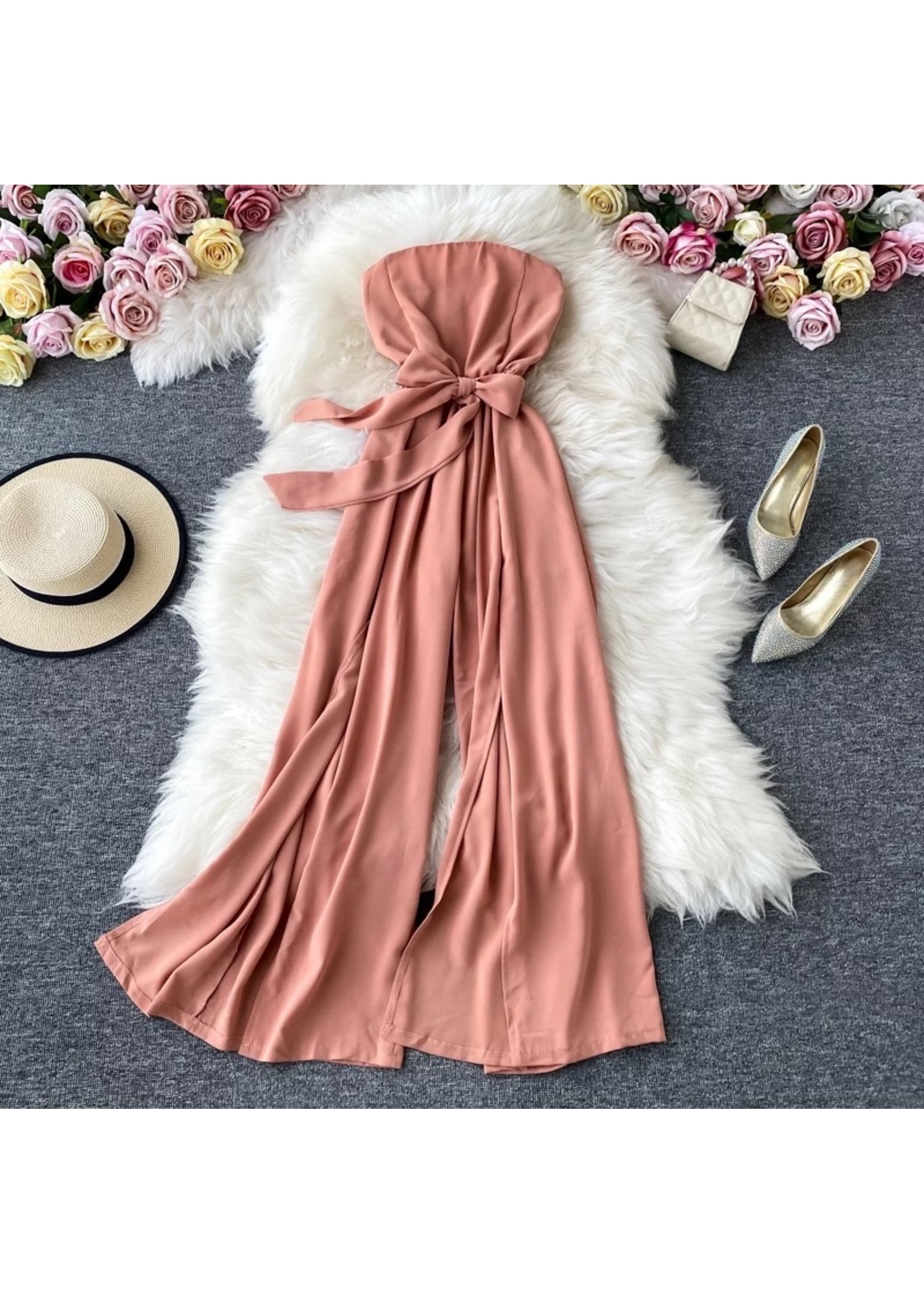 Strapless flare leg romper pink