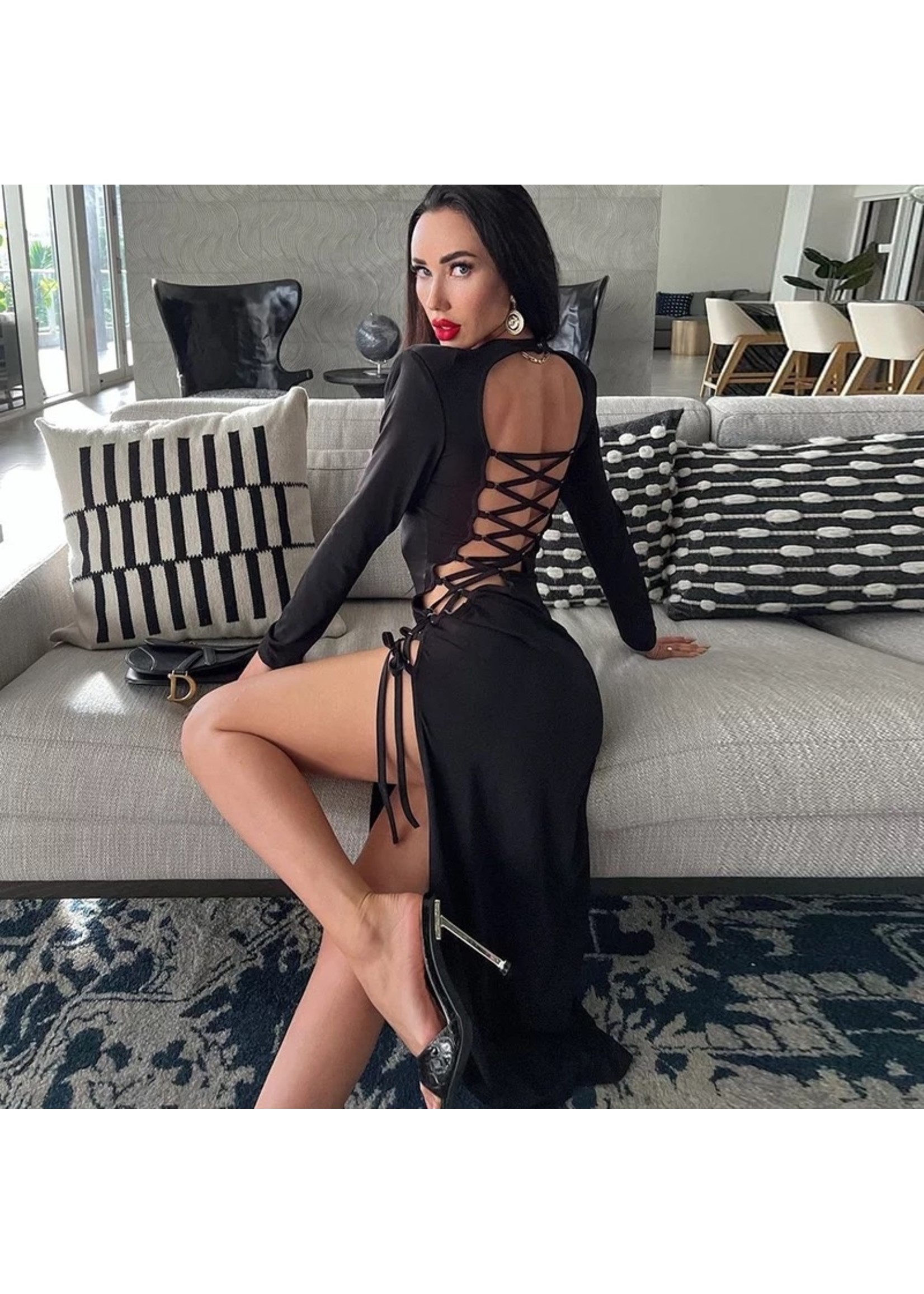 Open back sexy lace up midi dress