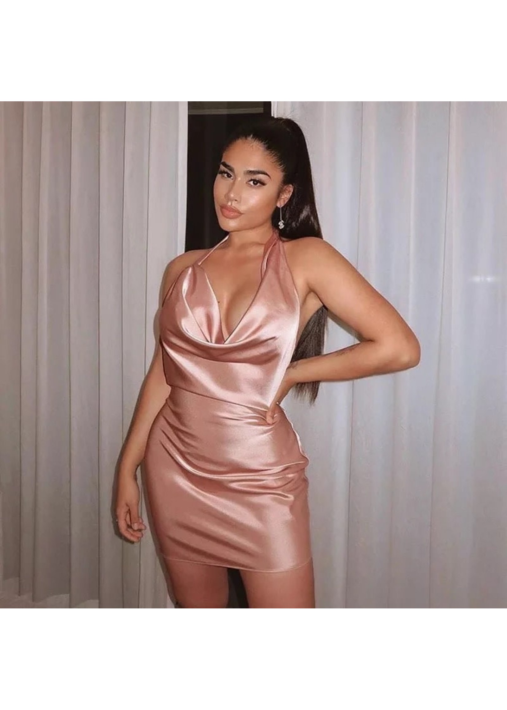 Satin Backless Mini Halter Dress