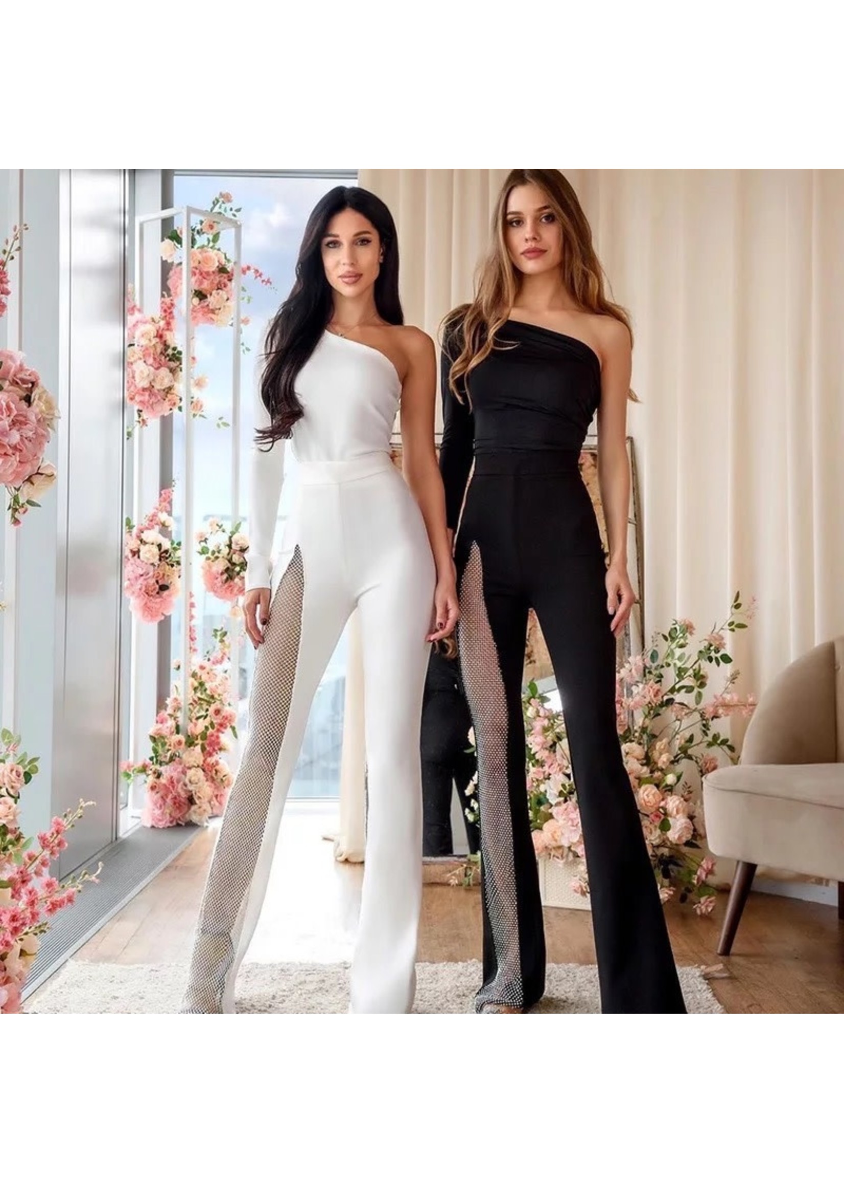 High Waisted Flare Leg Mesh Pants