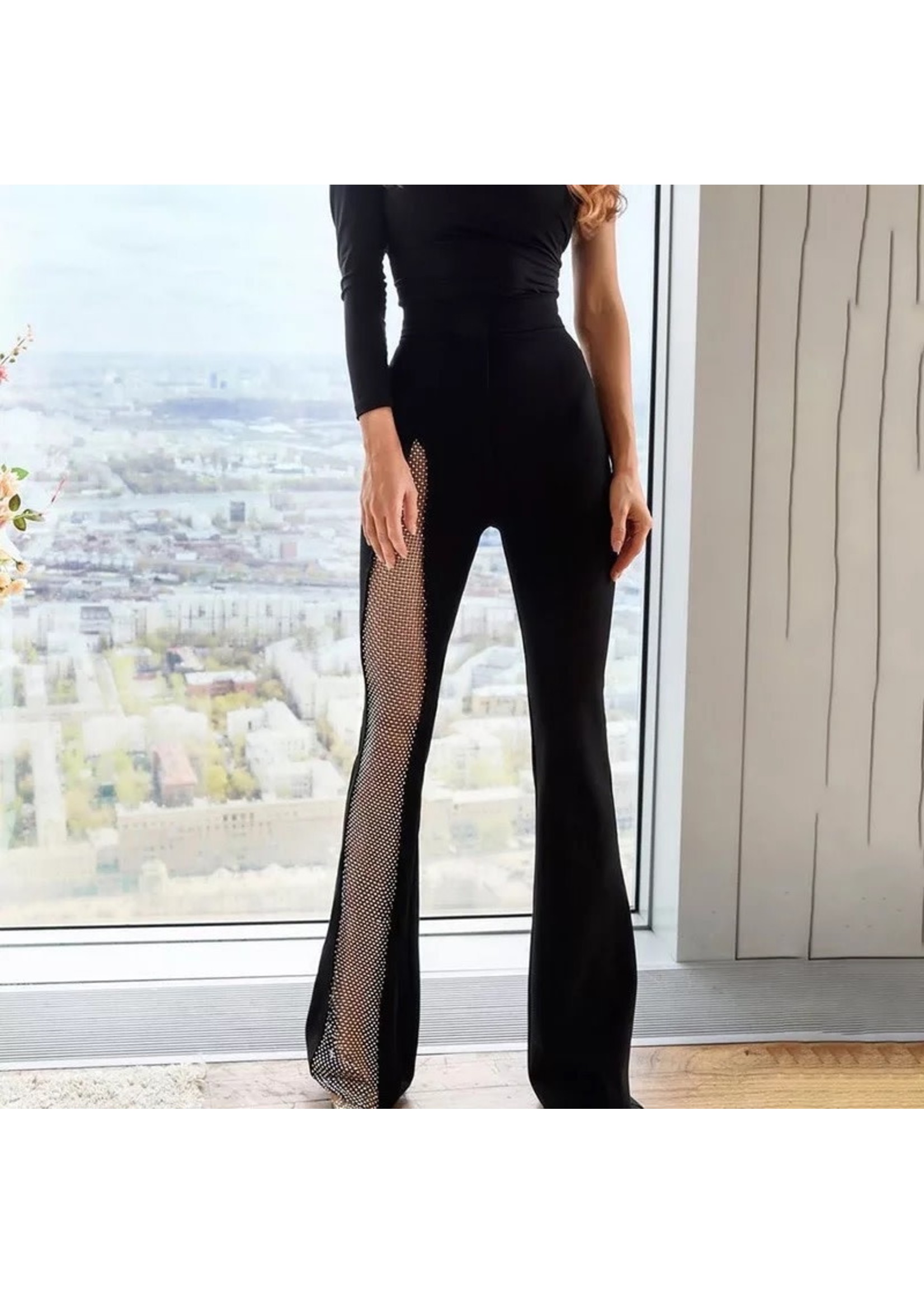 High Waisted Flare Leg Mesh Pants