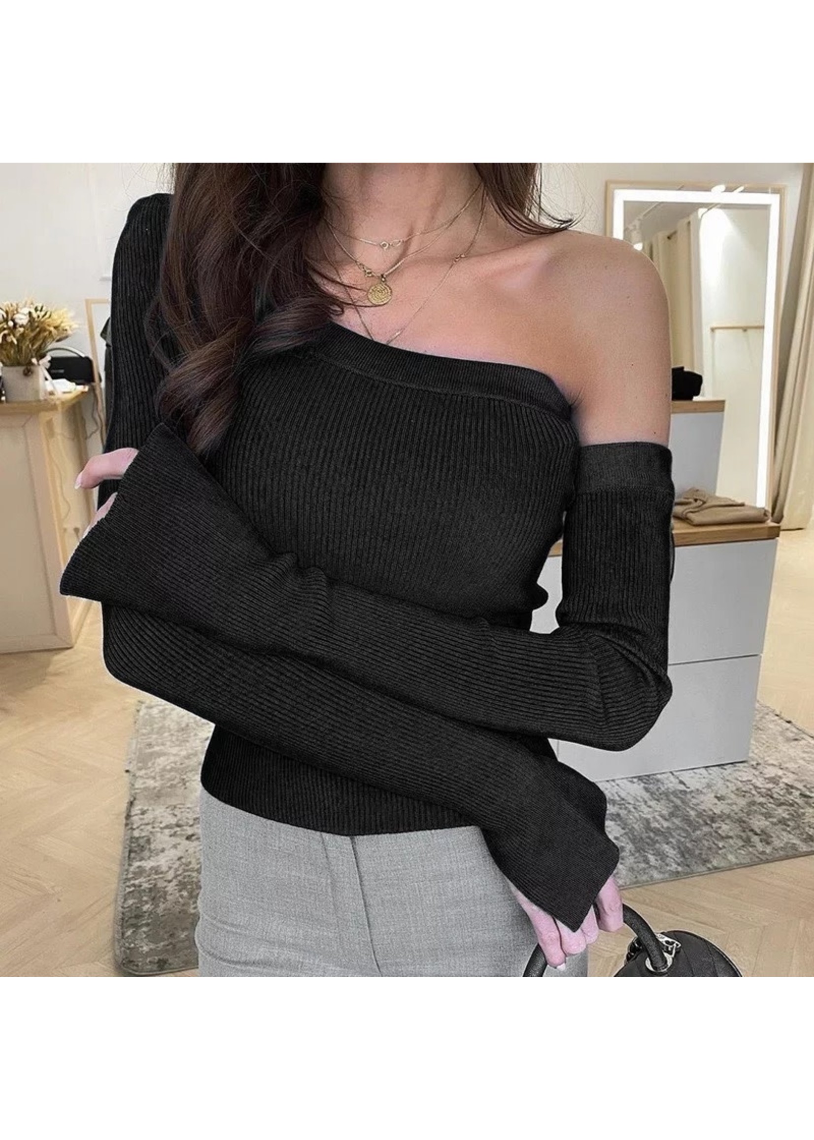 Off-Shoulder Long Sleeve Knit Sweater