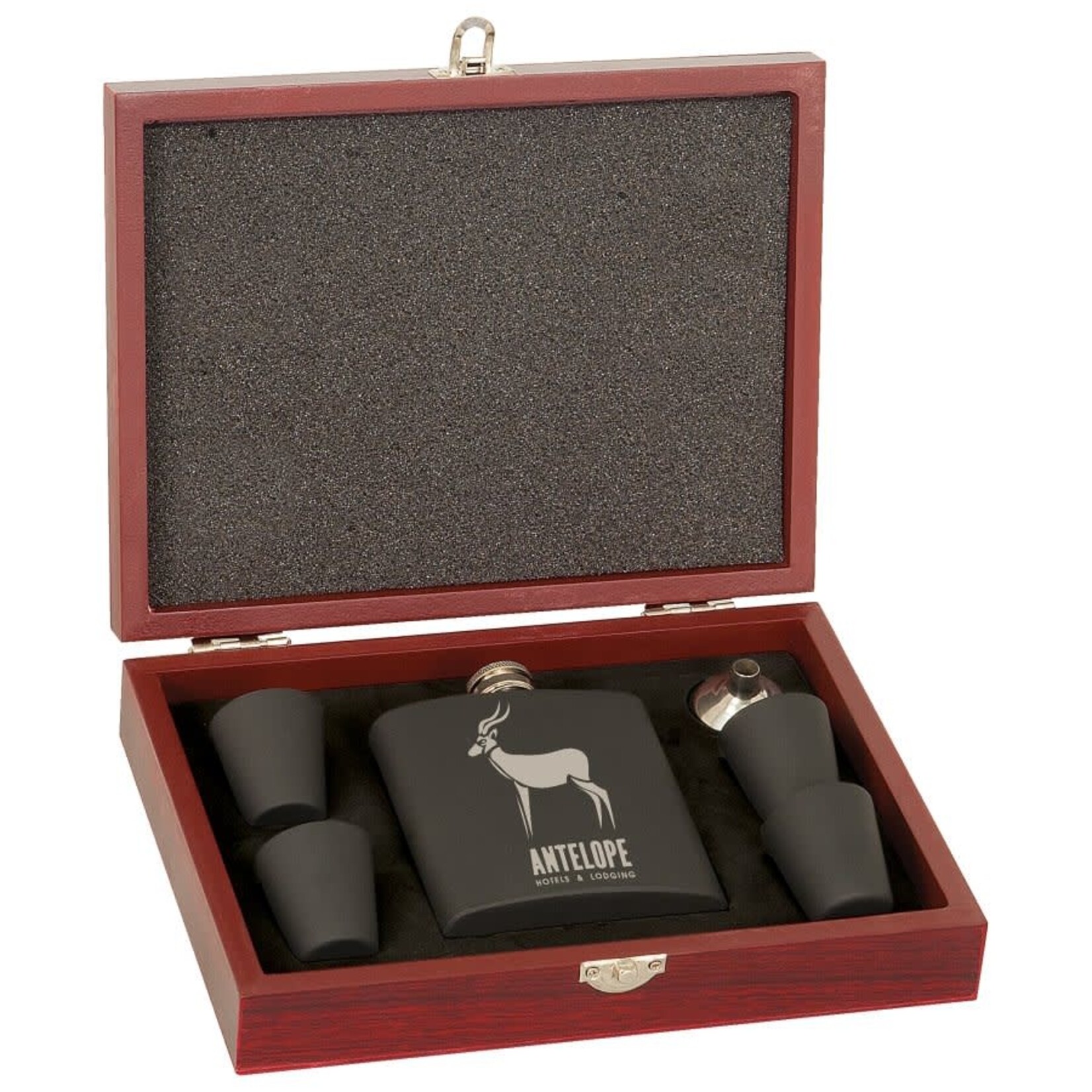 JDS Industries FSK12 Black  Flask set in Rosewood box includes engraving on flask