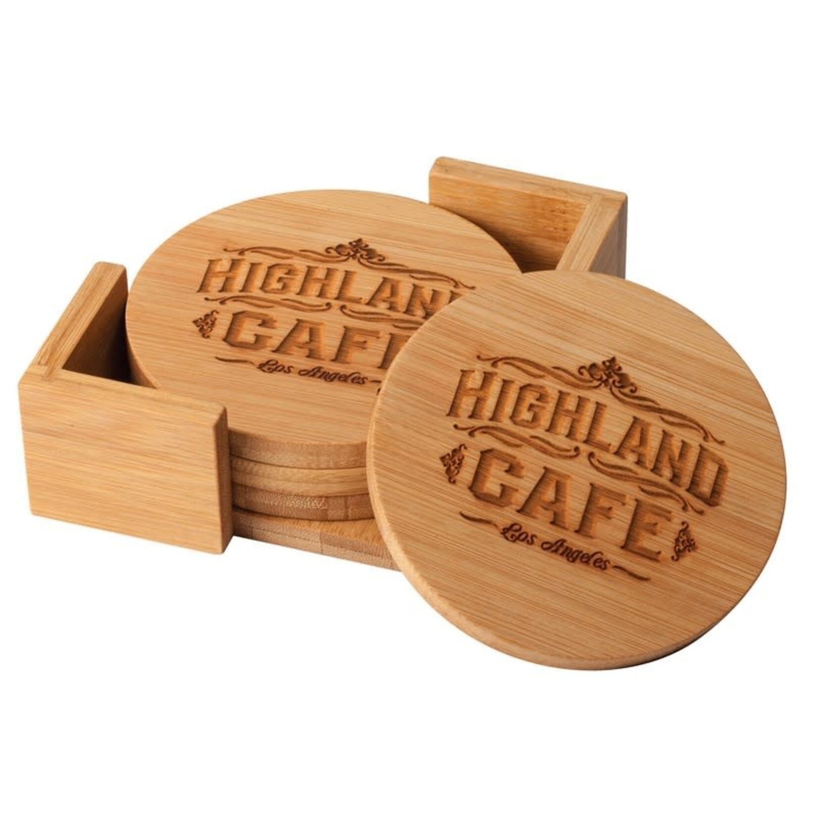 Marco BAM15 Round wooden Coaster Set includes engraving on coasters