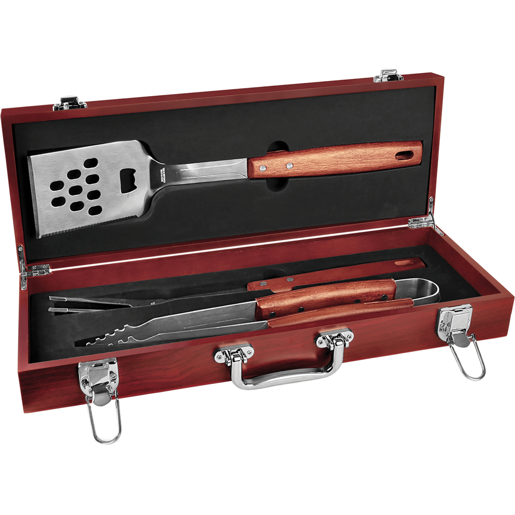 JDS Industries BBQ03B 3 piece Rosewood BBQ Set top of box engraving included