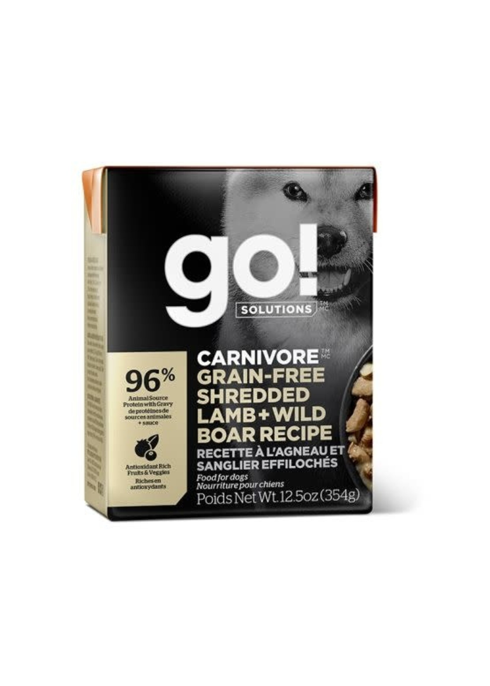 GO! SOLUTIONS GO TETRA PAK CHIEN CARNIVORE AGNEAU ET SANGLIER SANS GRAINS 12.5 OZ