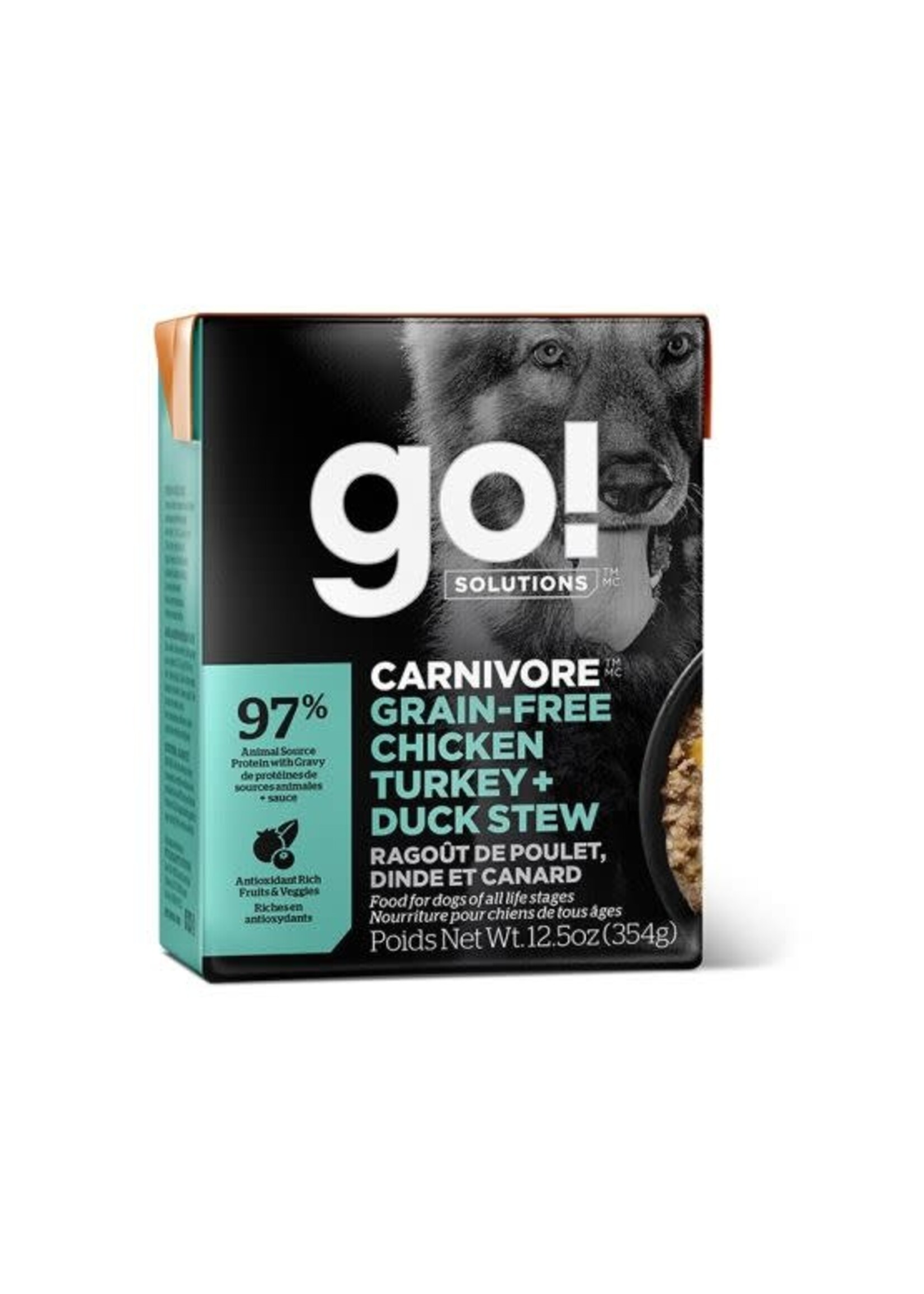 GO! SOLUTIONS GO TETRA PAK CHIEN CARNIVORE POULET/DINDE/CANARD SANS GRAINS 12.5 OZ