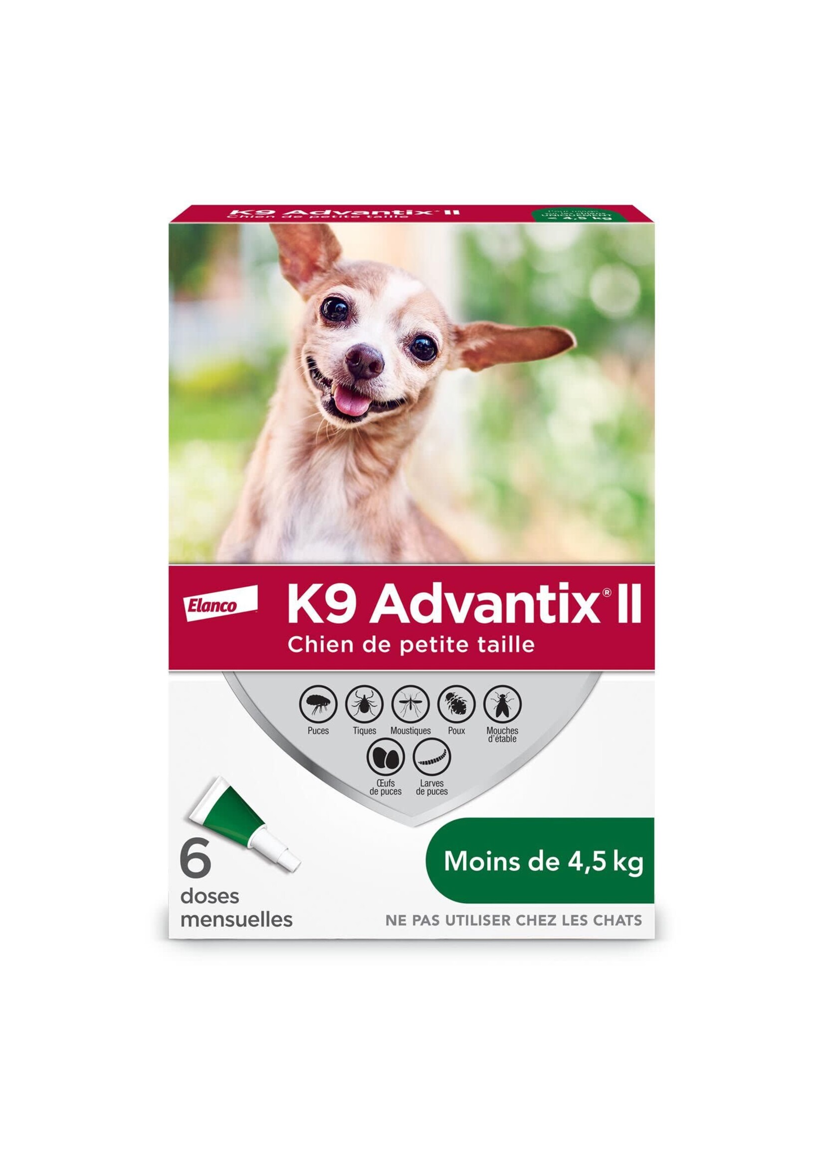 K9 ADVANTIX ll ADVANTIX II CHIEN MOINS 4.5 KG PUCES/TIQUES/MOUSTIQUES 6 PQT
