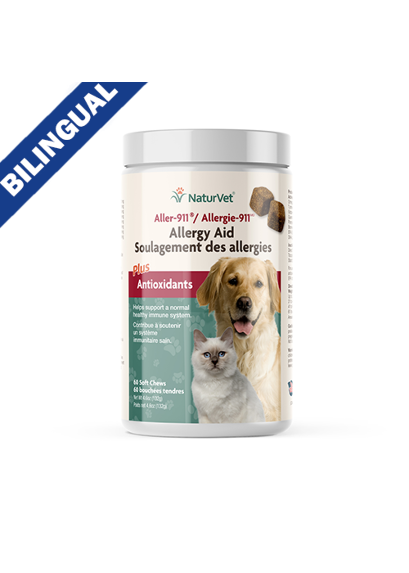 NATURVET ALLER-911 COMPRIMÉS À MÂCHER POUR ALLERGIE CHAT ET CHIEN 60 UNITÉS
