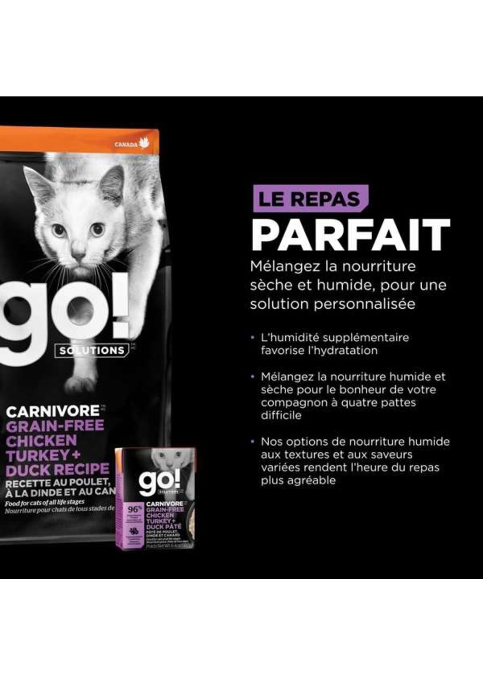 GO! SOLUTIONS GO! SOLUTION CARNIVORE CHAT POULET-CANARD-DINDE SANS GRAINS