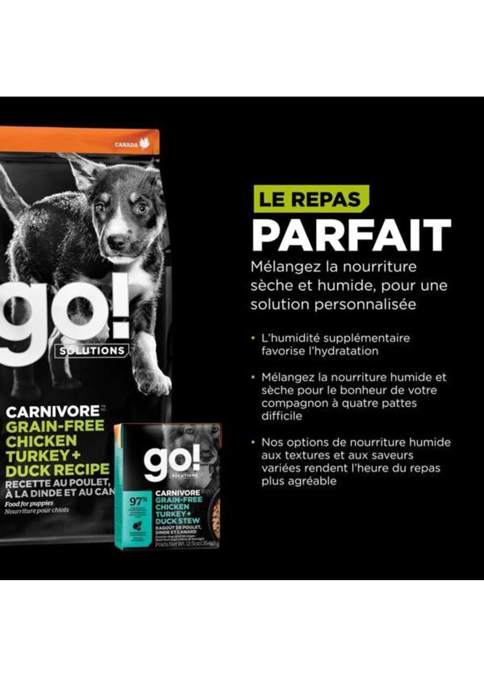 GO! SOLUTIONS GO! SOLUTION CARNIVORE CHIOT POULET/DINDE/CANARD SANS GRAINS