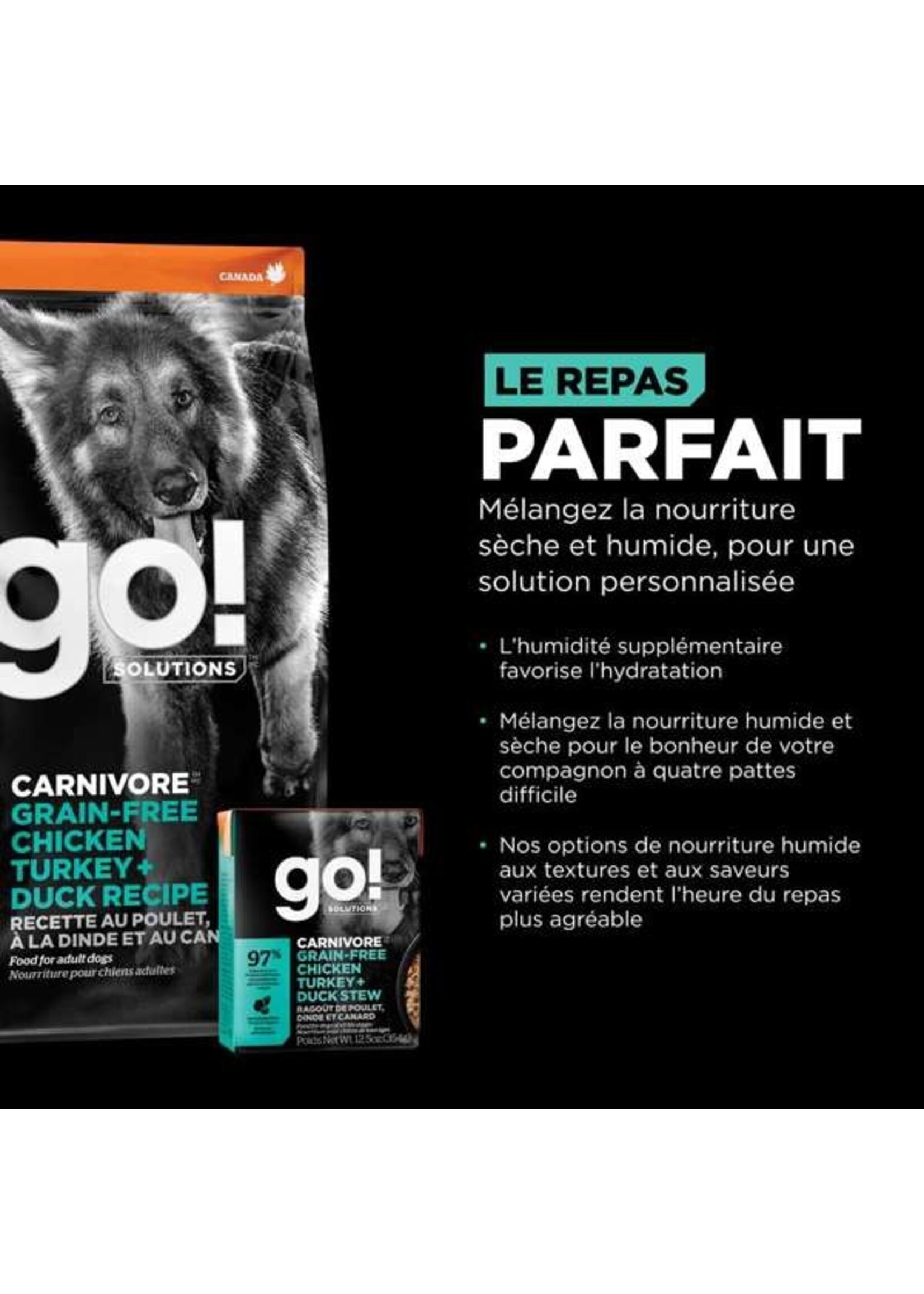 GO! SOLUTIONS GO! SOLUTION CARNIVORE CHIEN ADULTE POULET/DINDE/CANARD SANS GRAINS