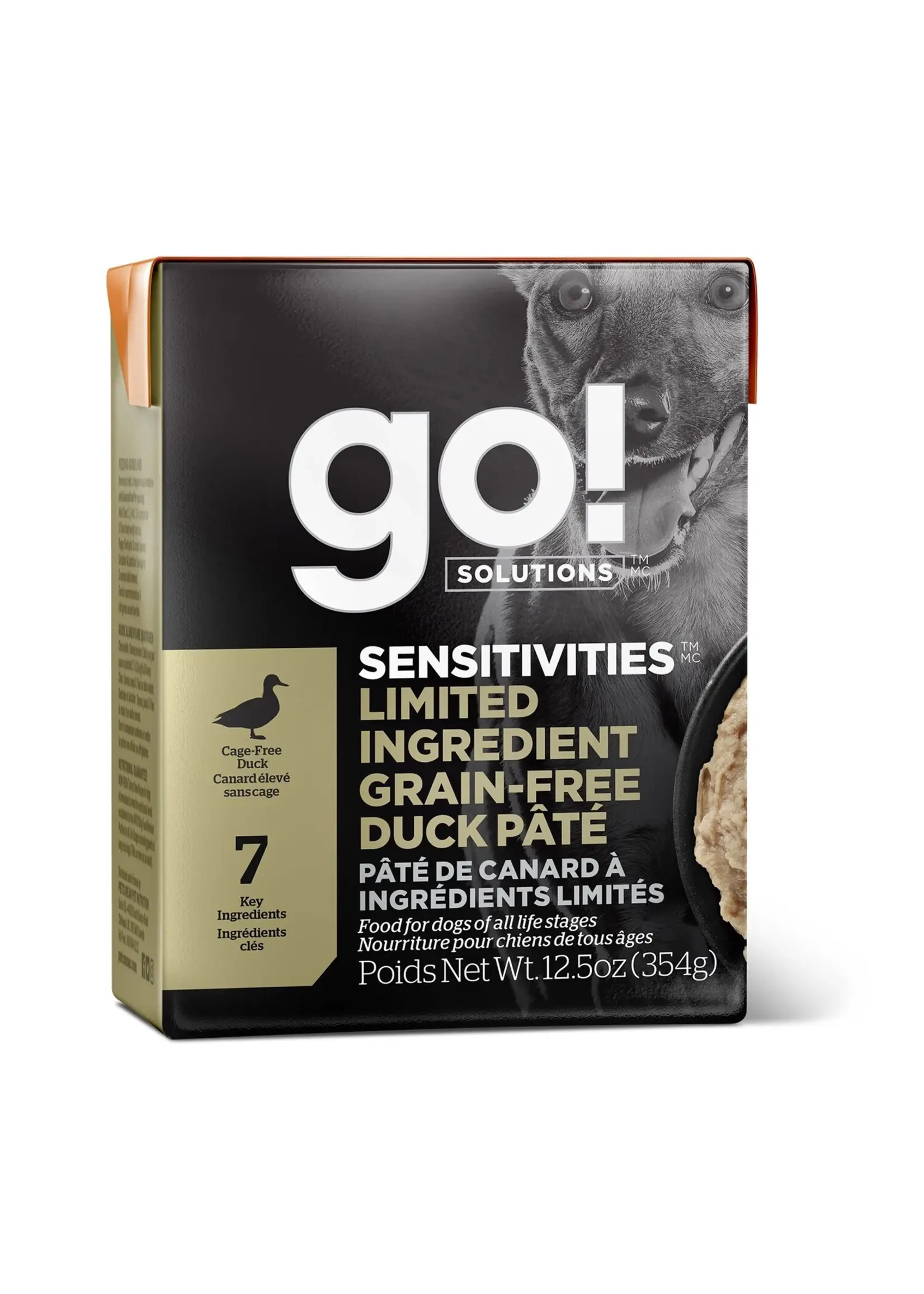 GO! SOLUTIONS GO TETRA PAK CHIEN SENSITIVE  PATE CANARD SANS GRAINS 12.5 OZ