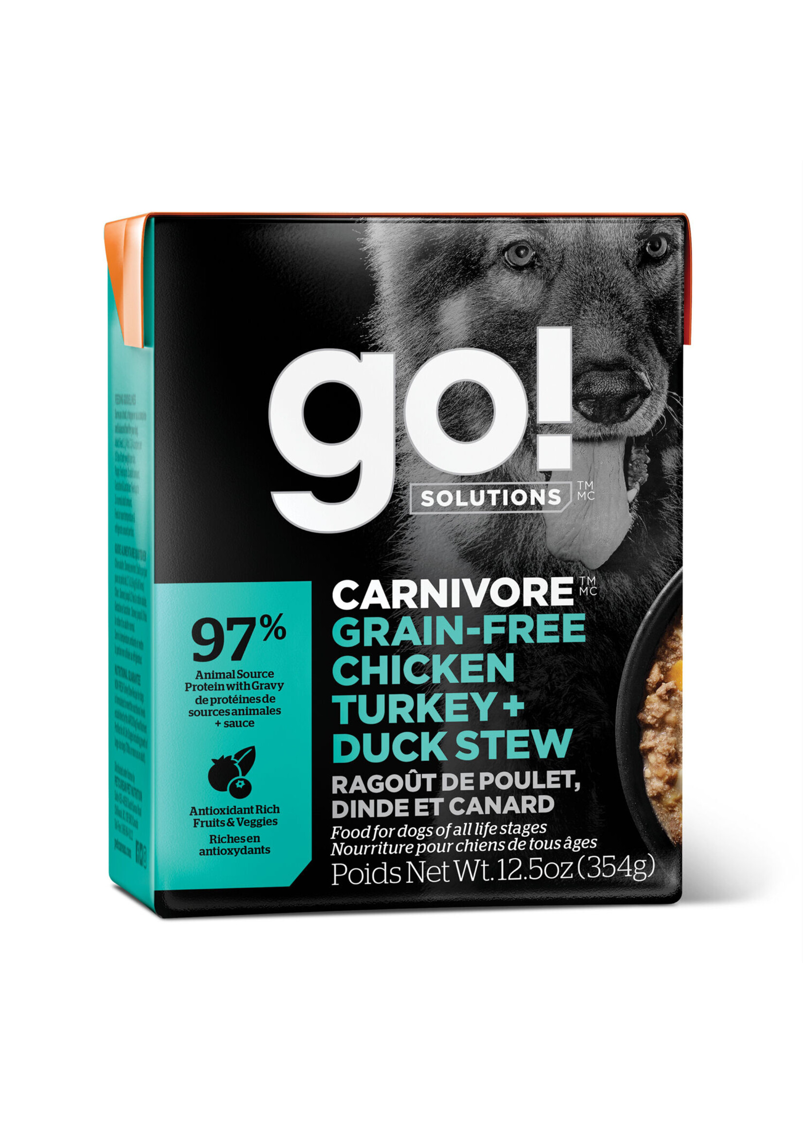 GO! SOLUTIONS GO TETRA PAK CHIEN CARNIVORE POULET/DINDE/CANARD SANS GRAINS 12.5 OZ