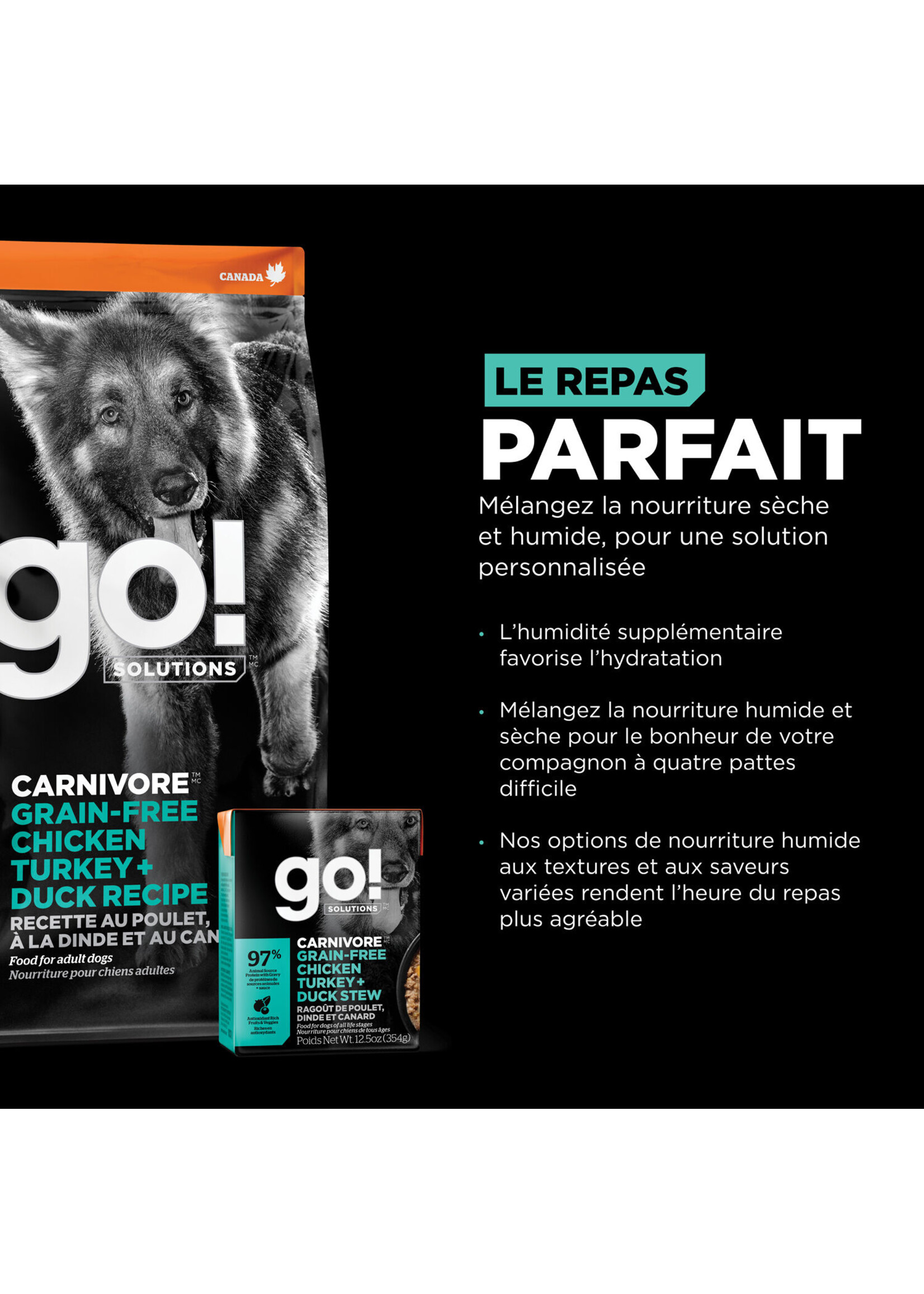 GO! SOLUTIONS GO TETRA PAK CHIEN CARNIVORE POULET/DINDE/CANARD SANS GRAINS 12.5 OZ