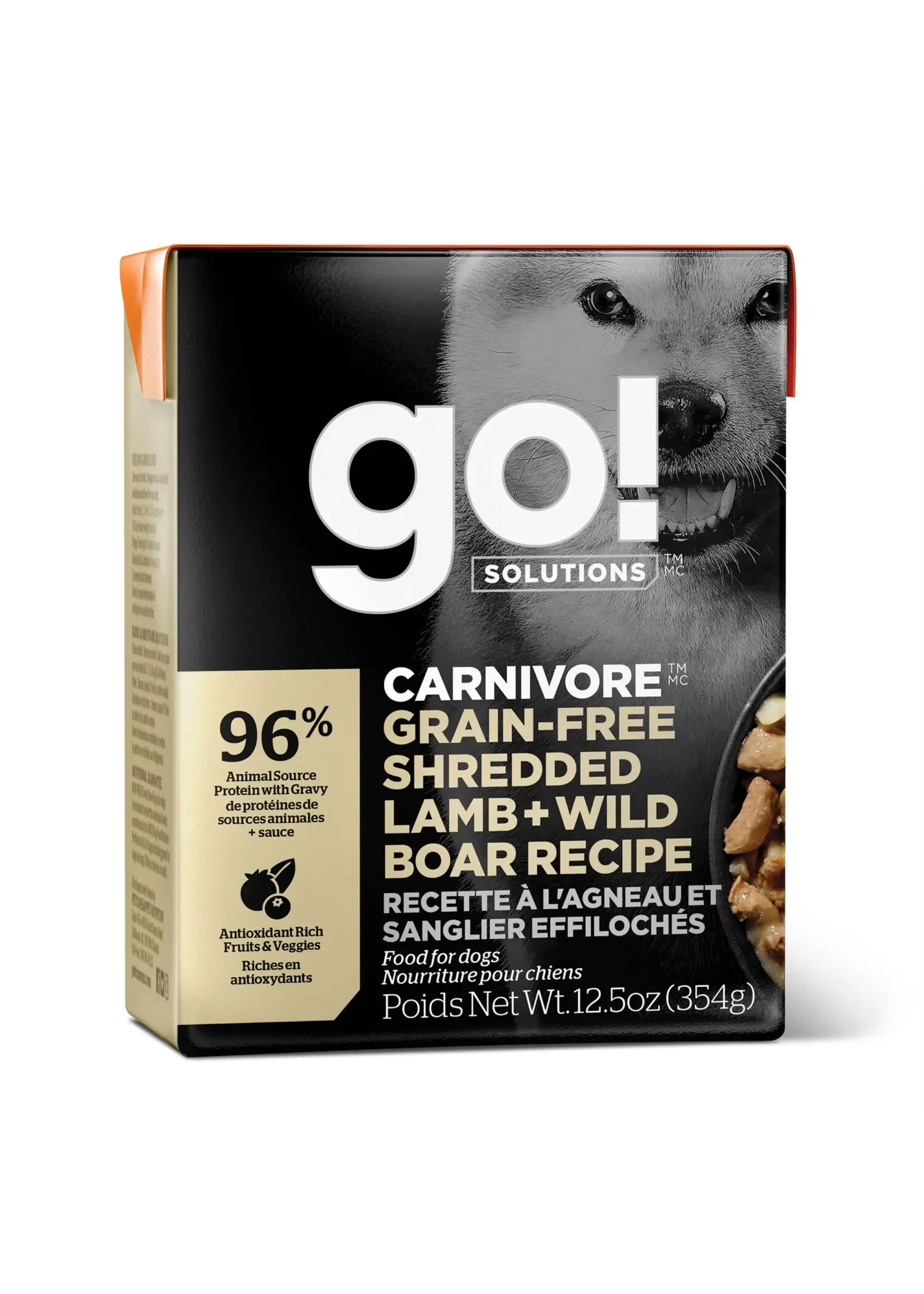 GO! SOLUTIONS GO TETRA PAK CHIEN CARNIVORE AGNEAU ET SANGLIER SANS GRAINS 12.5 OZ