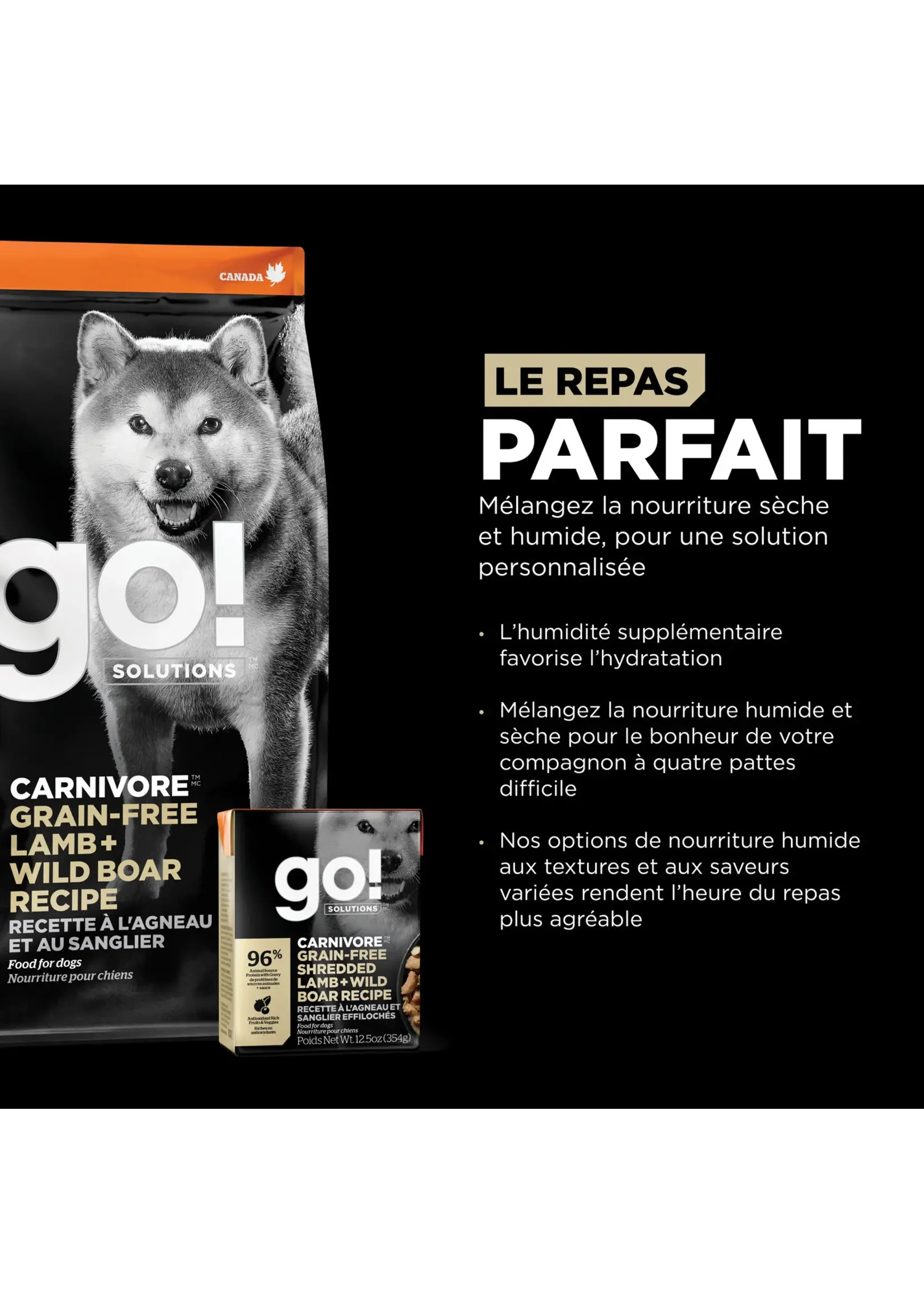 GO! SOLUTIONS GO TETRA PAK CHIEN CARNIVORE AGNEAU ET SANGLIER SANS GRAINS 12.5 OZ