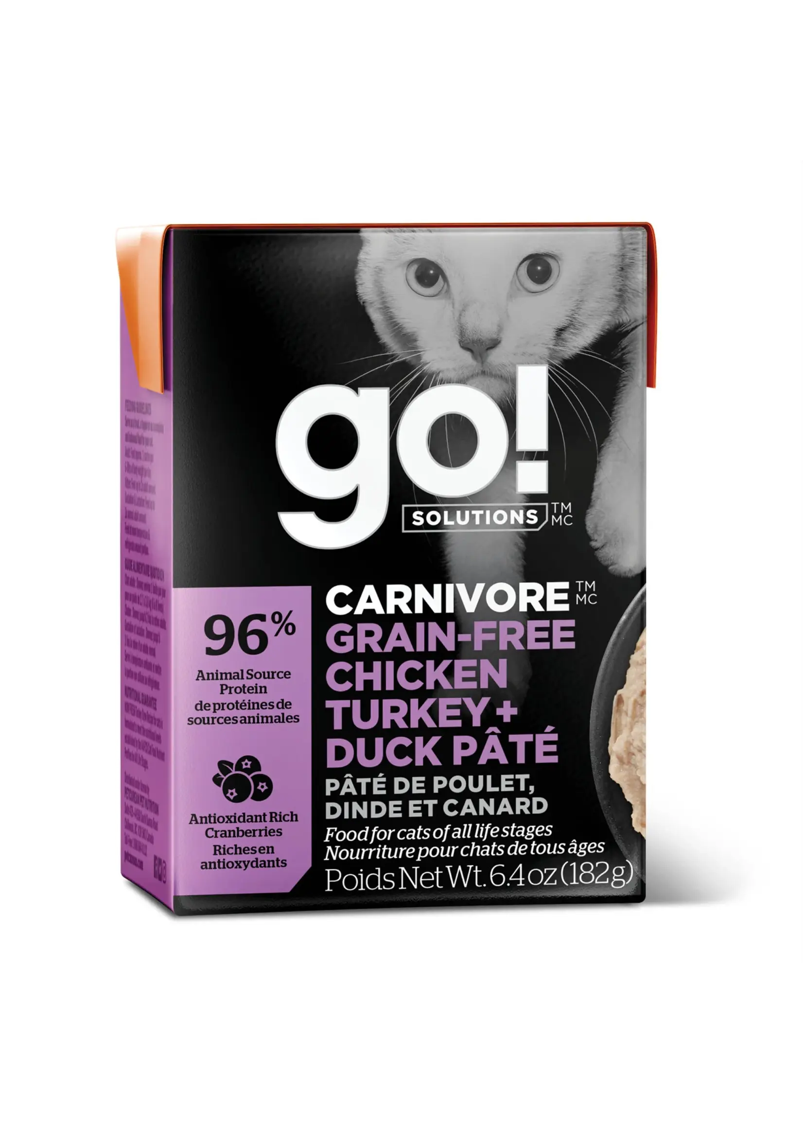 GO! SOLUTIONS GO TETRA PAK CHAT CARNIVORE POULET/DINDE/CANARD SANS GRAINS 6.4 OZ