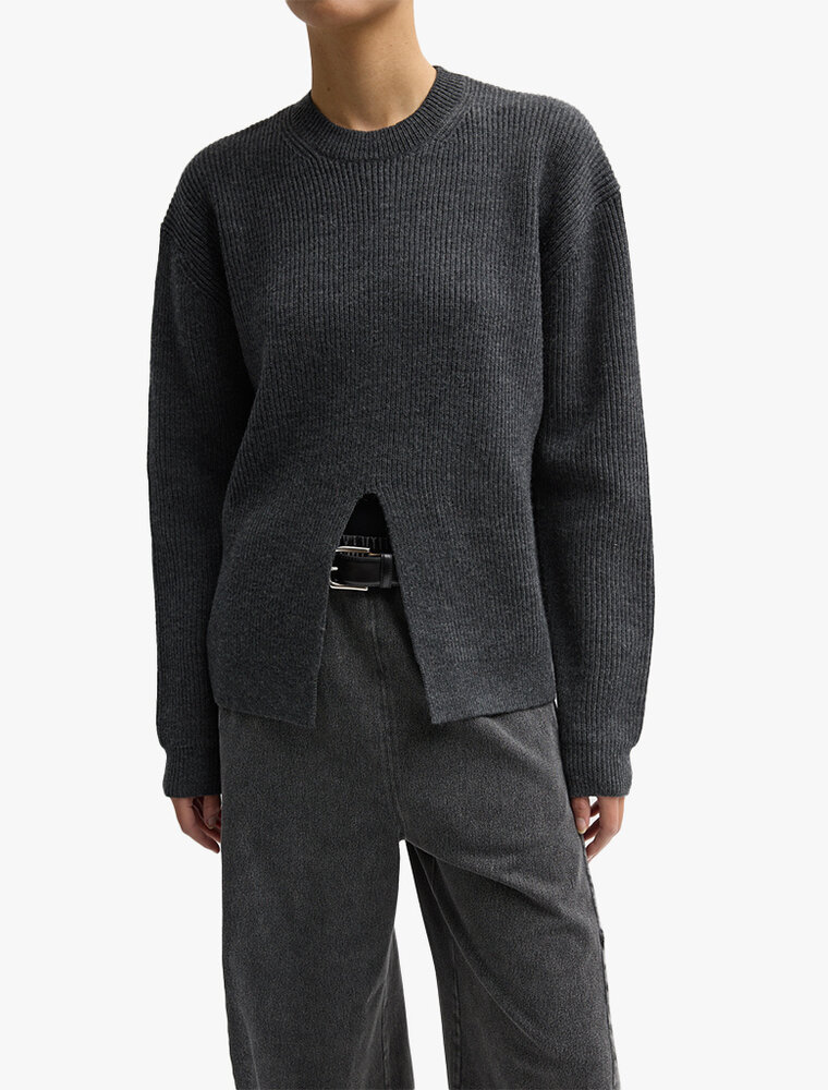 Tibi Cardigan Stitch Split Front Crewneck Easy Pullover